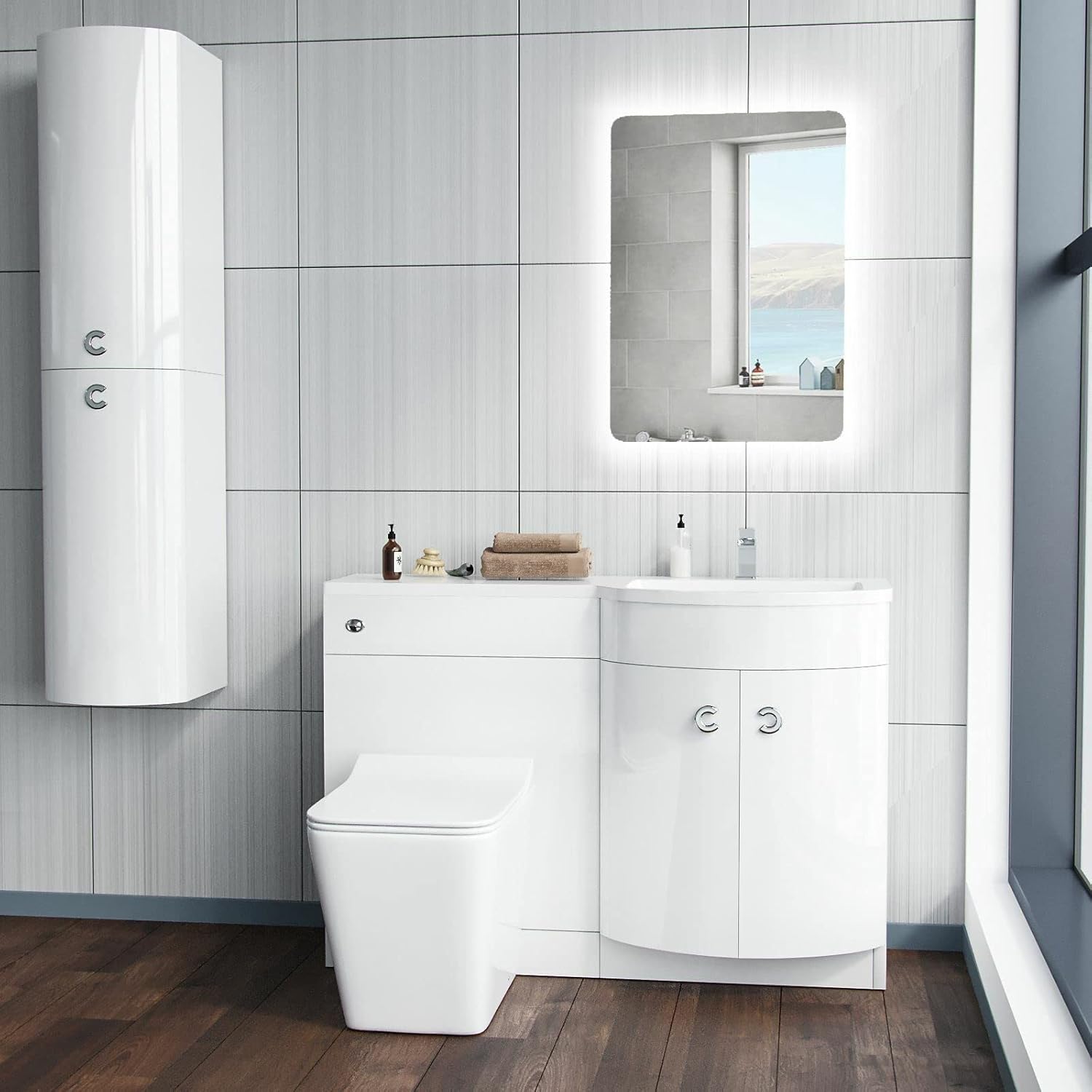 Nes Home 1100 mm Basin White RH Vanity Unit and WC Toilet Sink Cabinet Combination | Dene.