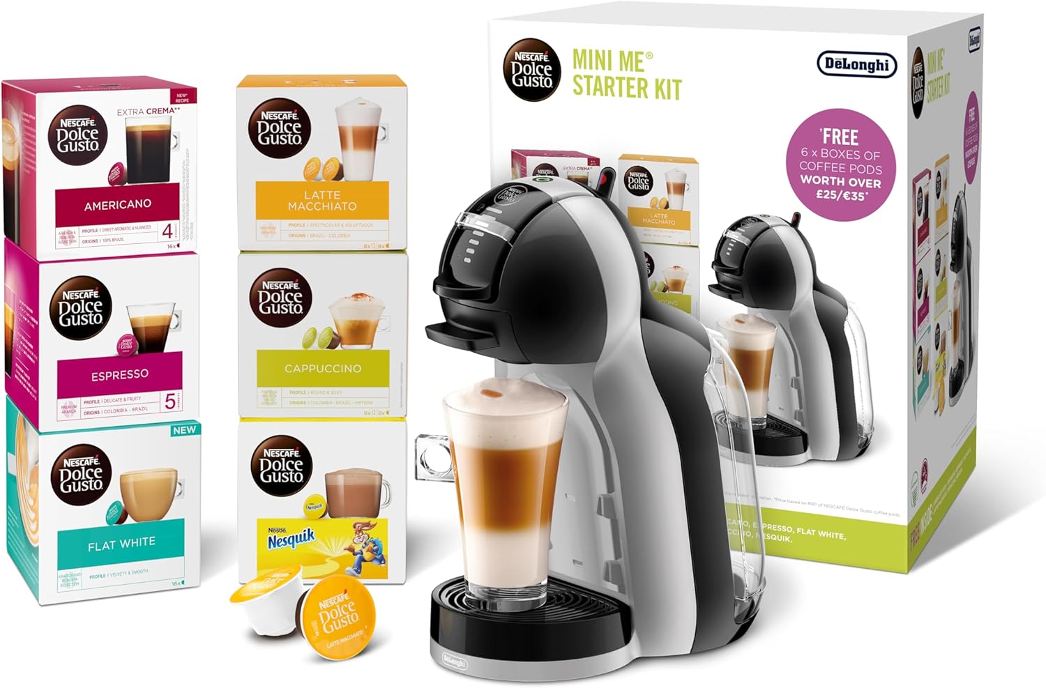 De'Longhi Nescafé Dolce Gusto Mini Me, Single Serve Capsule Coffee Machine Starter Kit, Including 6 boxes of Coffee Pods, EDG155.BG, 230 Milliliters, Black & Grey.