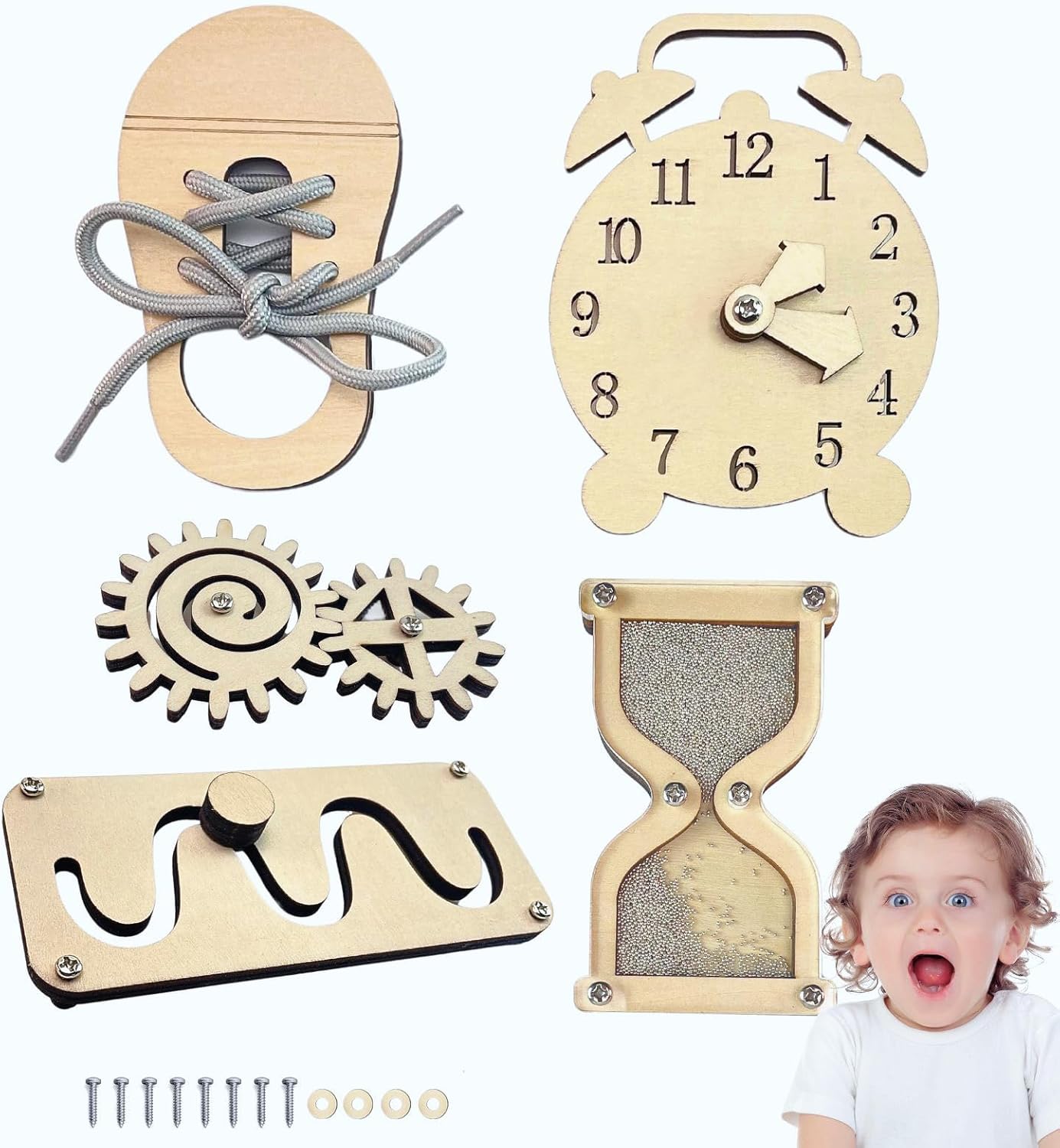 Busy Board Diy Accessories For Toddlers - Sensory Board Parts -Wooden Activity Parts -Maze-Learning Clock- Gear-Sand Clock-Learn to Tie Shoe Laces Kids- Montessori Toys for 1 2 3 4 Year Old Baby.