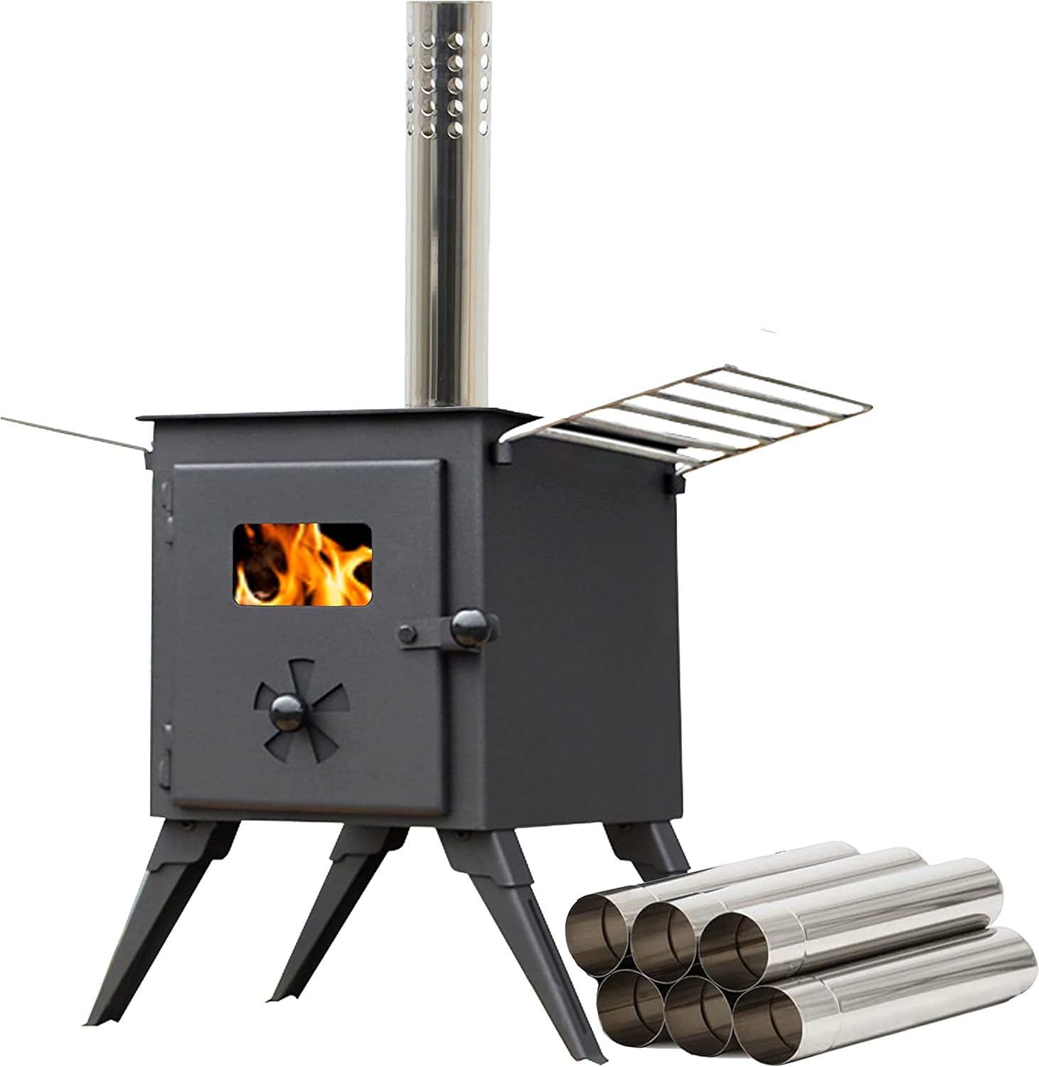 NJ Camping Wood Burning Stove - Hot Tent Heater Portable Wood Fired Cooker for Outdoor Cooking and Heating Small Pallet Burner Stainless Steel Chimney Drying Rack.