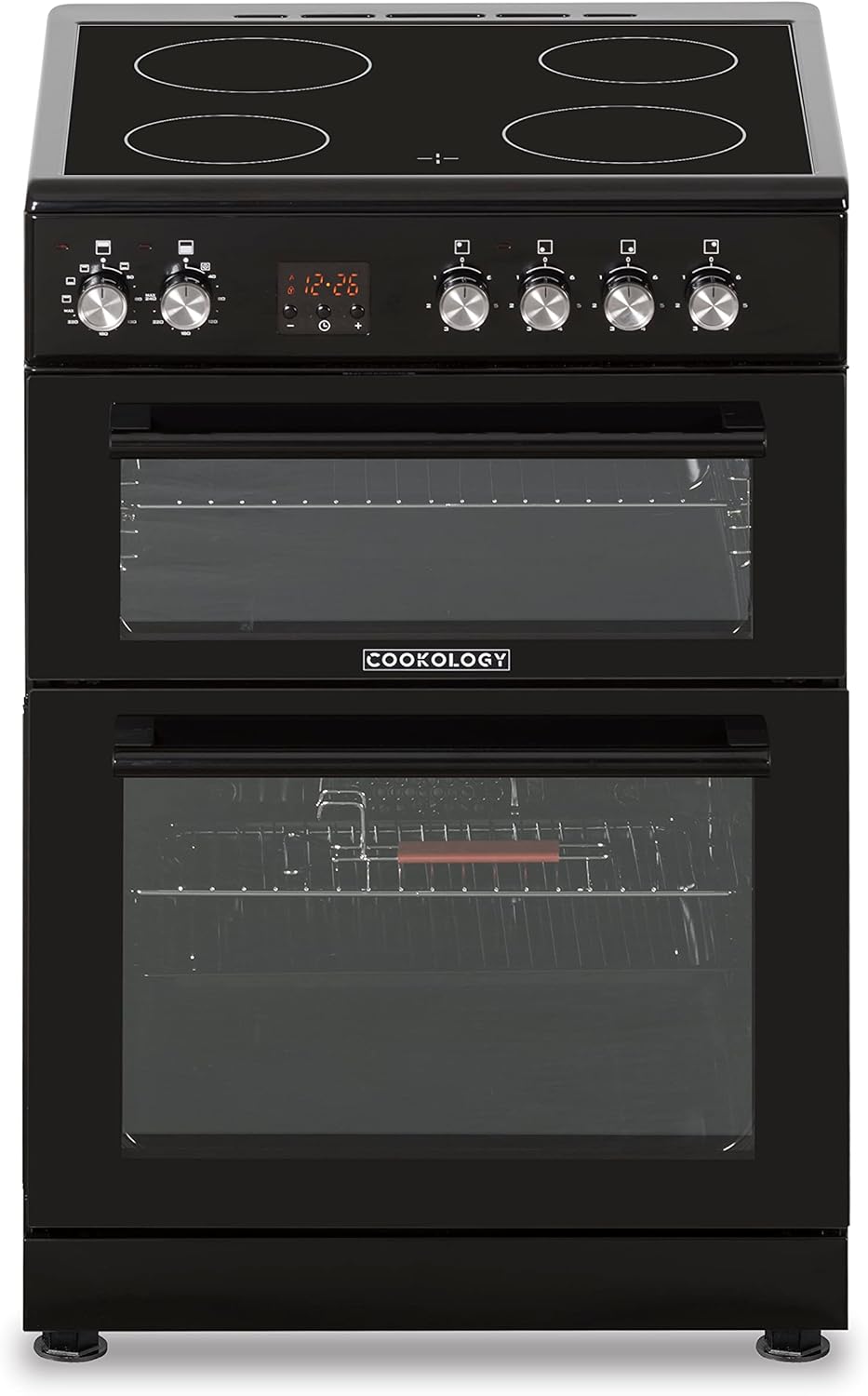 Cookology CFDO600BK 60cm Wide, 86 Litre Capacity Freestanding Electric Double Cooker Fan Oven with Ceramic Top 4 Cooking Zone Hob and – in Black.