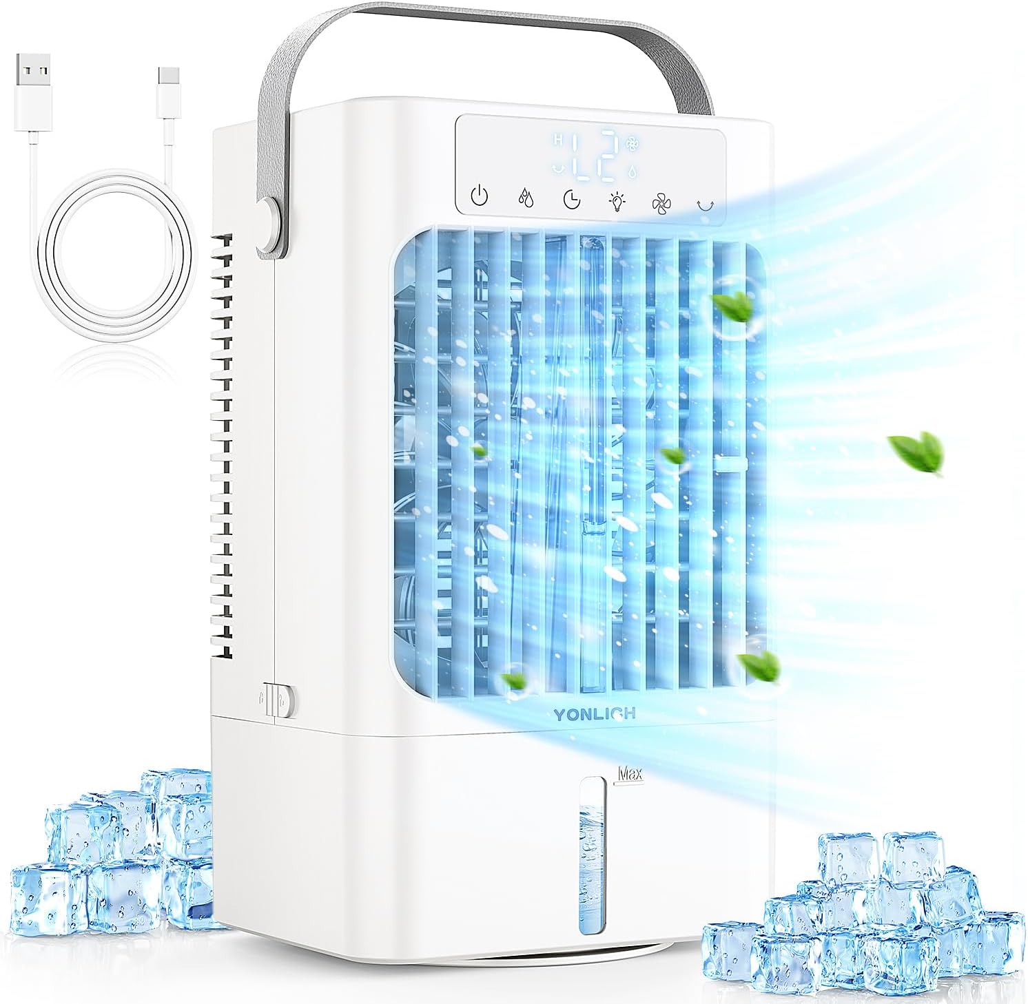 Portable Air Cooler, YONLICH 900ML Mini Air Conditioner, 4-in-1 Evaporative Air Cooler with Timer, Humidifier and 3 Wind Speeds Functions, 90° Oscillating Air Conditioning for Home Office.