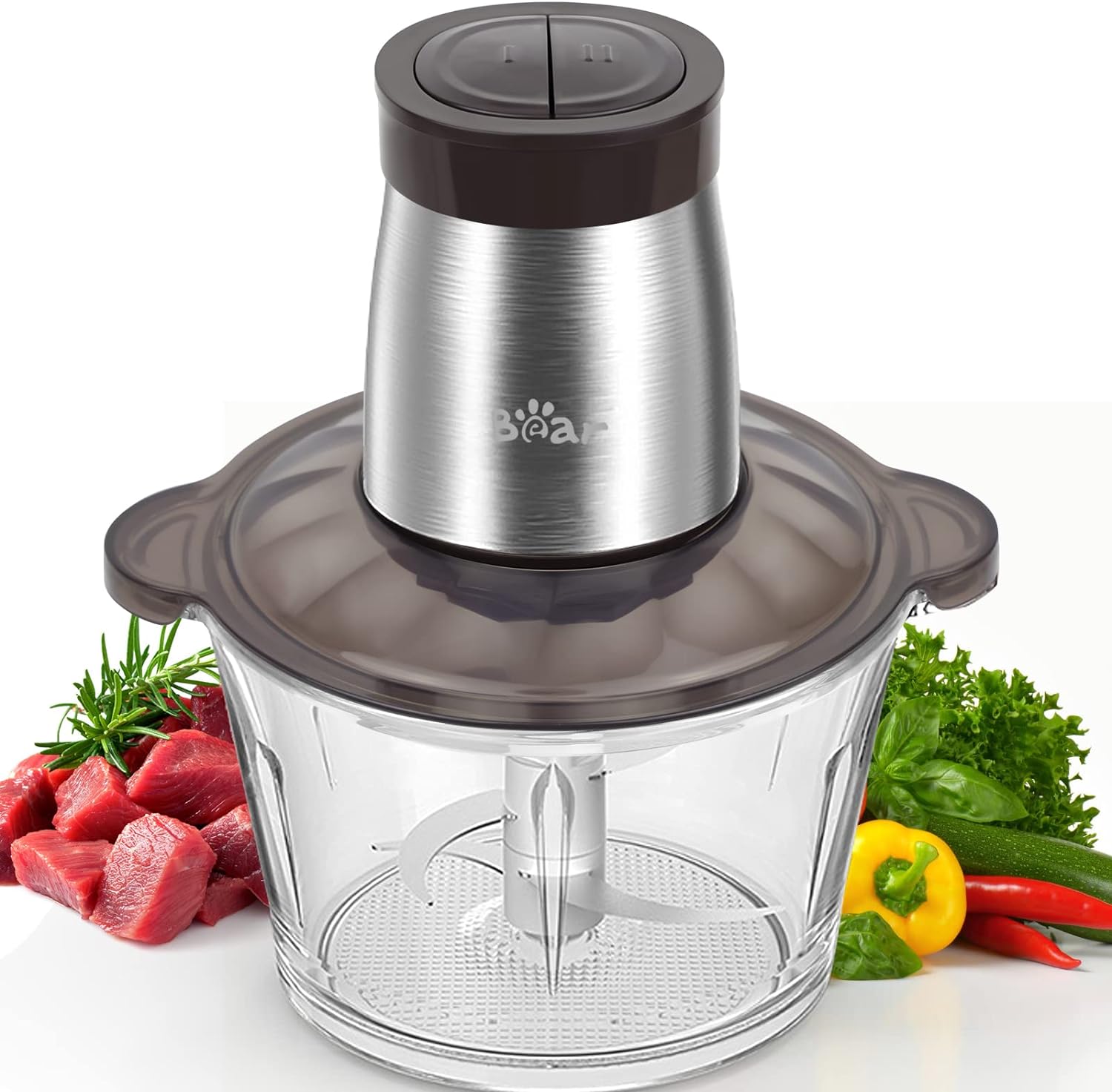 Bear 2L Food Processors 300W Electric Vegetable Chopper Glass Container with 4-304 Stainless steel Knife for Meat, Smoothie, Onions, Fruit, Vegetables.