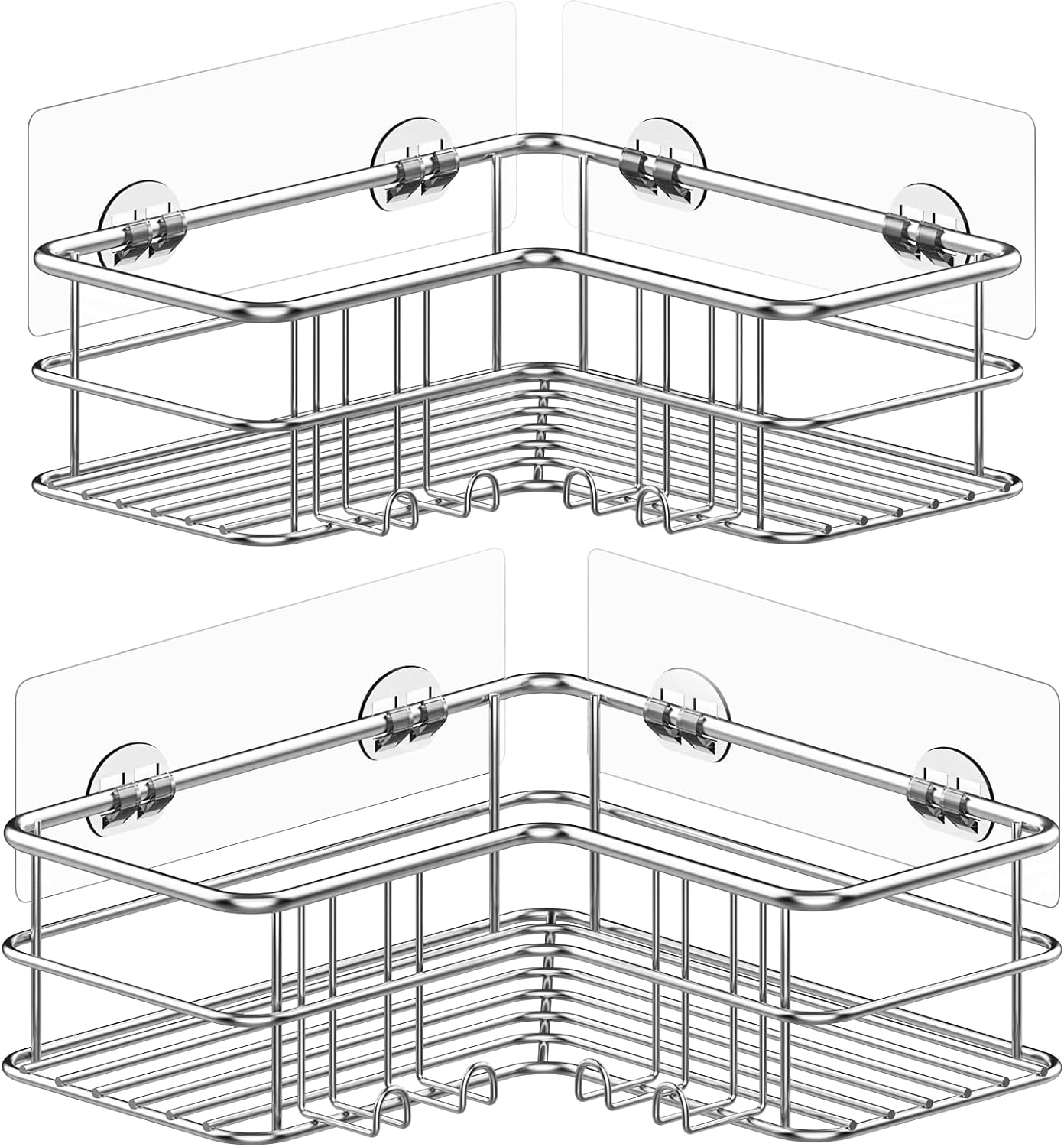 Menbyci Silver Corner Shower Caddy,Adhesive Shower Shelf with Hooks, Stainless Steel Rustproof Bathroom Storage Organizer Rack,No Drilling Shower Shampoo Holder Wall Mounted,2-Pack.