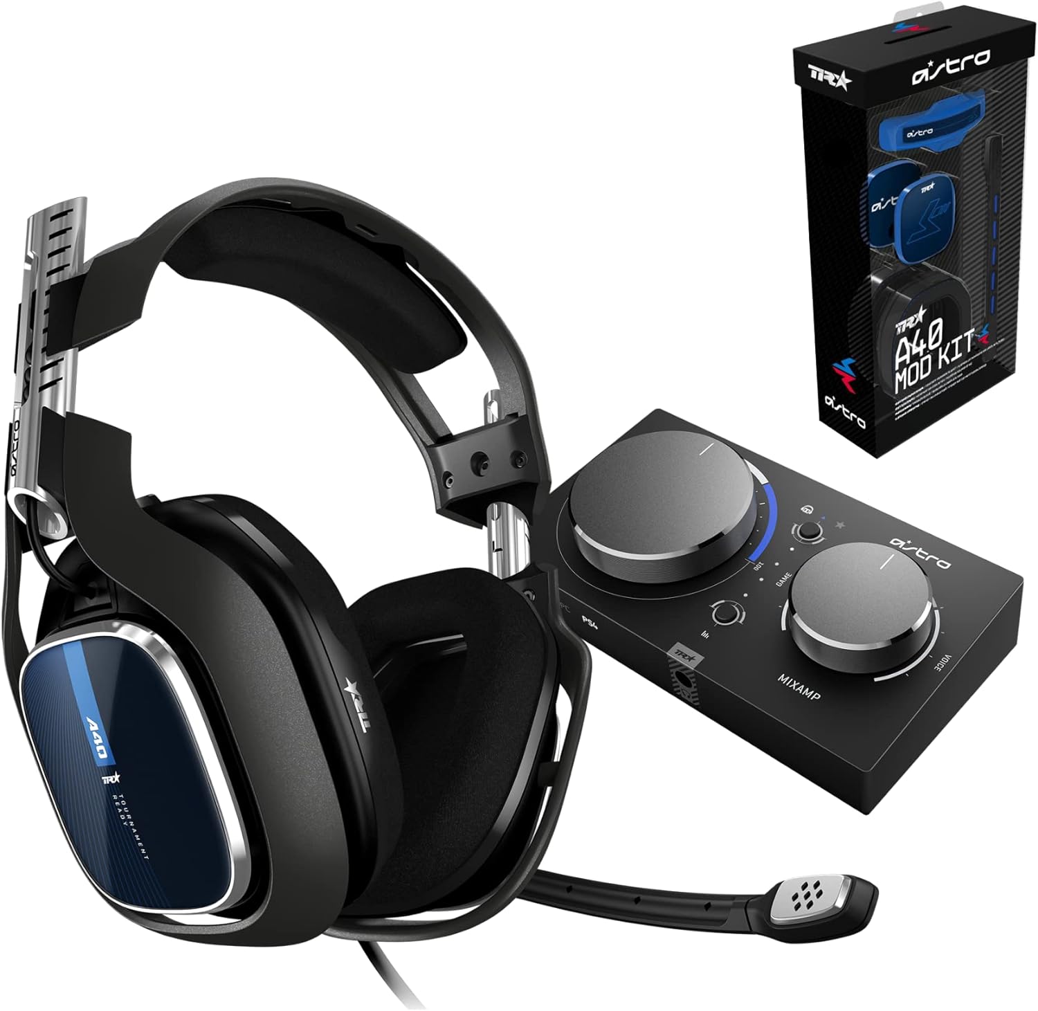 ASTRO Gaming A40 TR Wired Gaming Headset + MixAmp Pro TR, Astro Audio V2, Dolby Audio, Swappable Mic, Game/Voice Balance Control, for PS5, PS4, PC, Mac - Black/Blue.