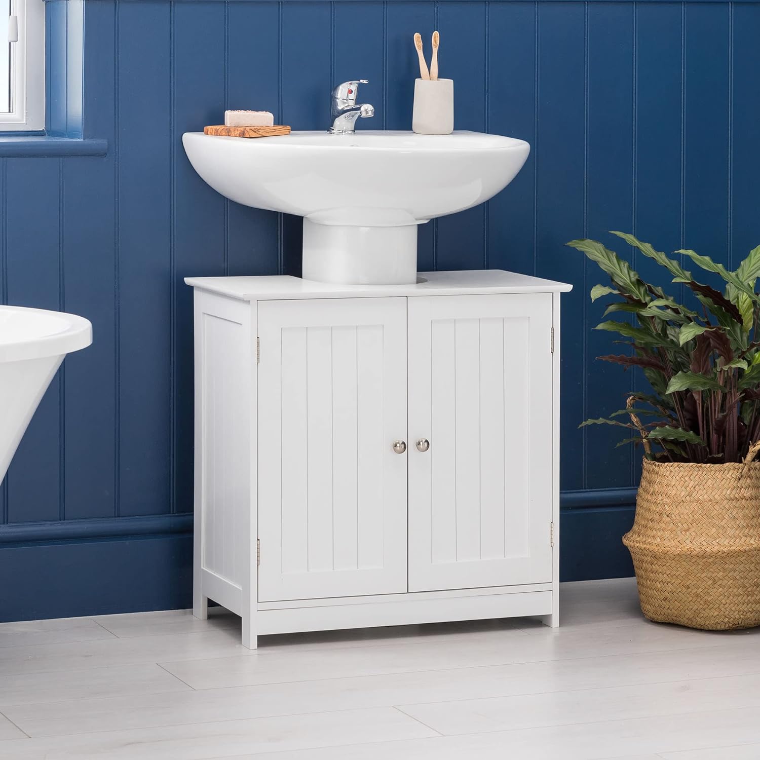 CHRISTOW White Under Sink Bathroom Cabinet, Free Standing Wooden Sink Storage Unit, Basin Cupboard With Shelf.