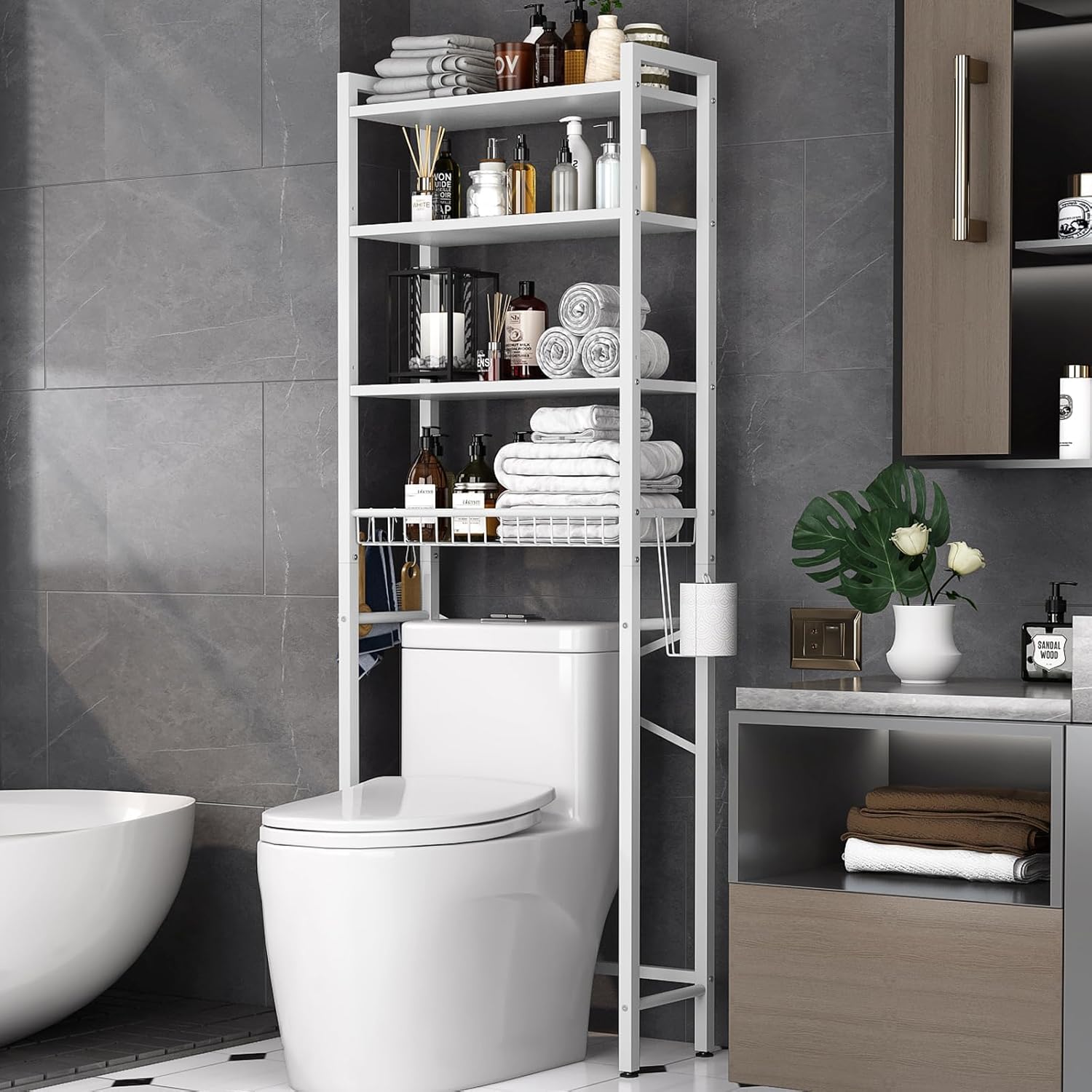 Kalrin Over-The-Toilet Storage Rack, 4-Tier Bathroom Organizer Shelf Over Toilet with Adjustable Shelf and Basket, Freestanding Space Saver Bathroom Shelves Above Toilet for Room (Pure Black).