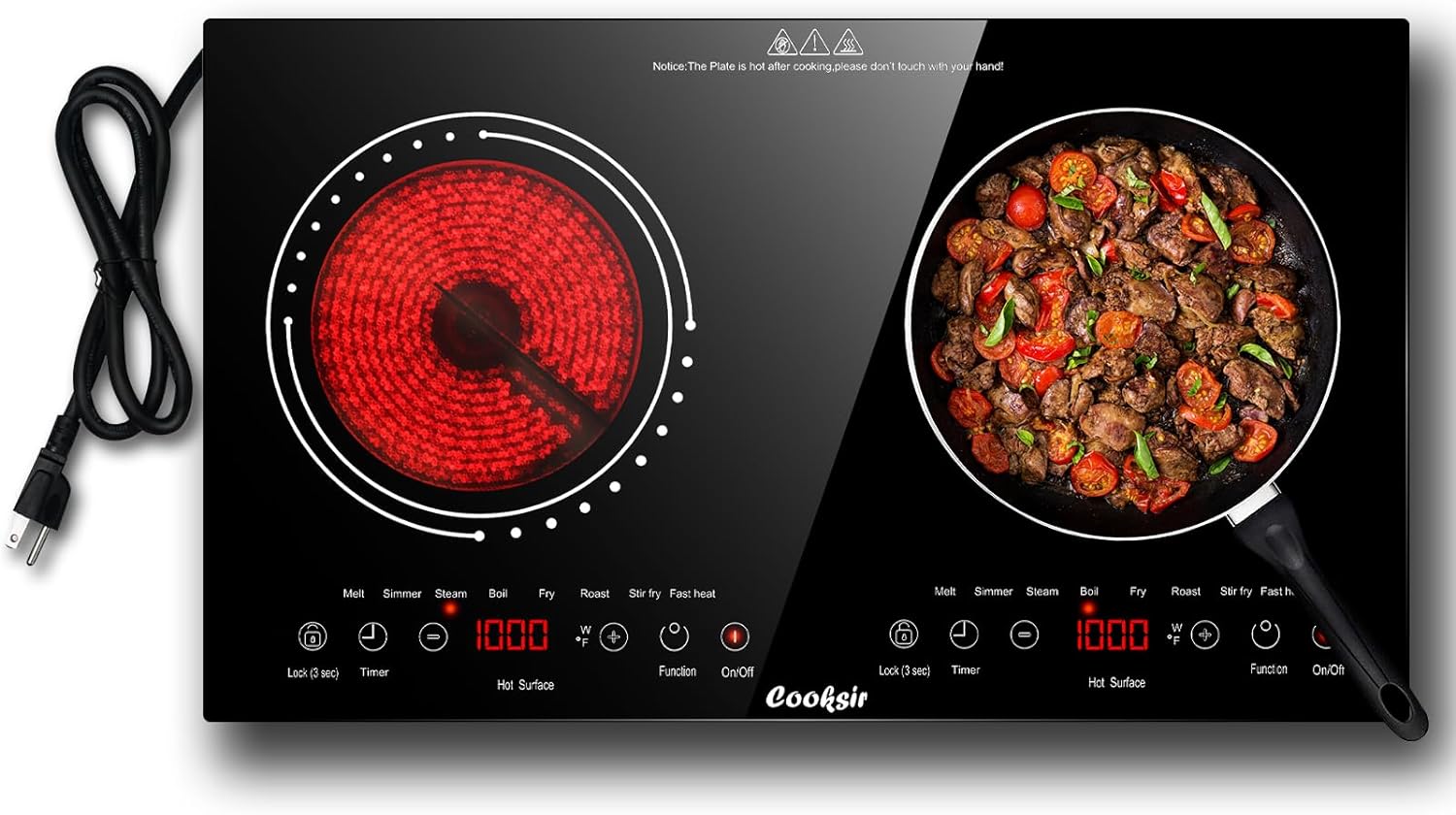 Double Ceramic Hob 2 Zone, Plug in Electric Hob, Portable Electric Ceramic Cooktop, Electric Cooktop 3600w, Touch Control Safety Lock.