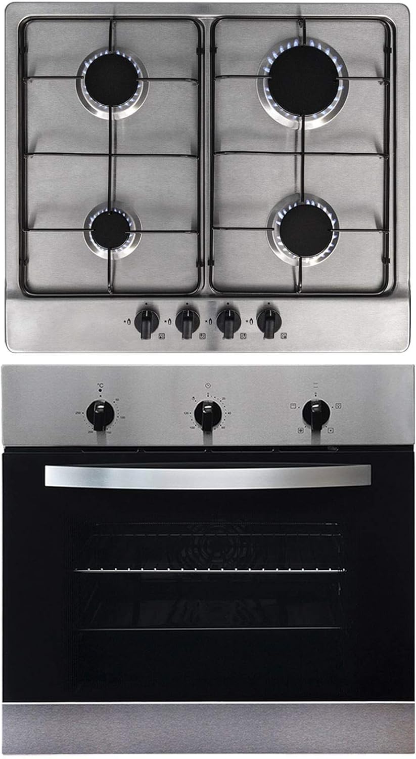 SIA 60cm Stainless Steel Single Electric True Fan Oven & 4 Burner Gas Burner Hob.