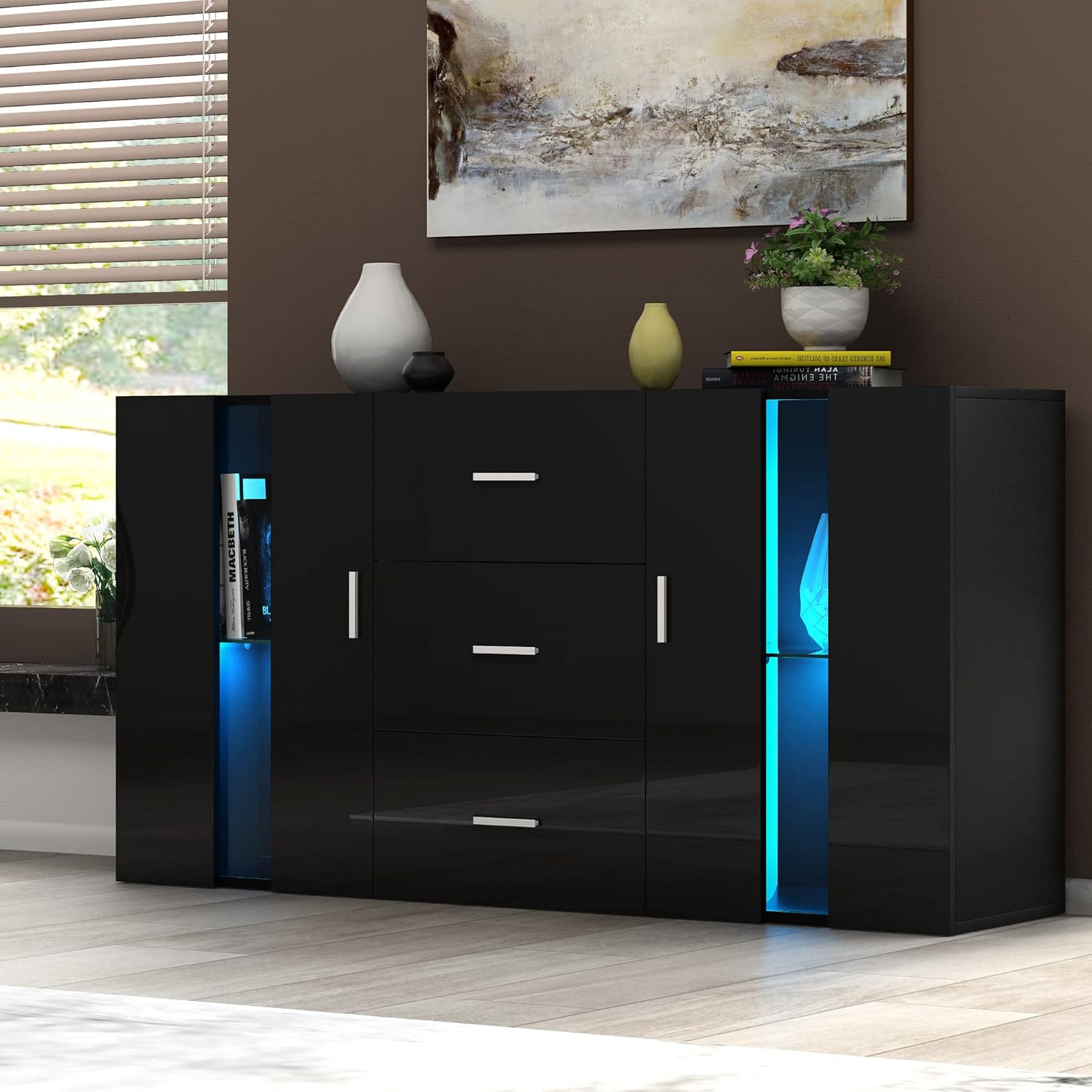 Panana Sideboard Modern Living Room Cupboard Unit Cabinet Furniture 2 Doors 3 Drawers (Black).