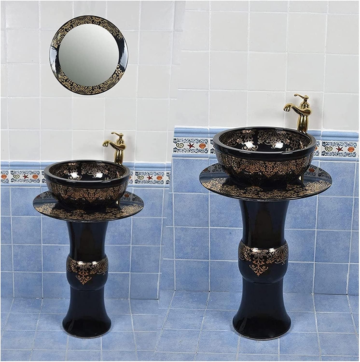 Art Bathroom Basin Sink with Full Pedestal, Bathrooms Ceramic Luxurious Pedestal Basin Round Freestanding Sink Pedestal Lavatory Sink.