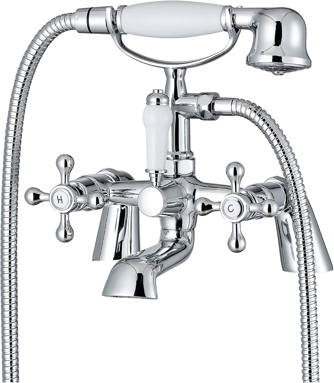 ENKI, Beaumont, BBT0257, Chrome, Bath Shower Mixer Taps & Shower Attachment, Solid Brass, Cross Handle, Modern Design, Compression Valves, Easy to Install.