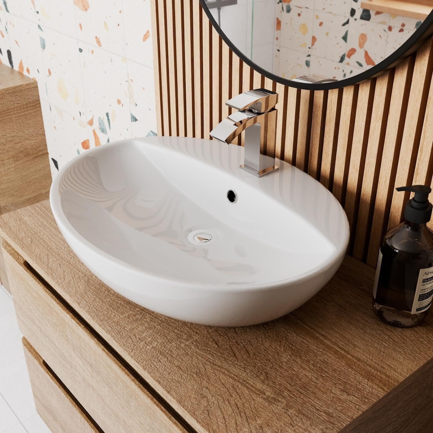 BAYSTONE® Countertop Basin for Bathroom and Cloakroom Hand Wash Basins Sink One Tap Hole Modern White Gloss Oval, 550 x 420mm.