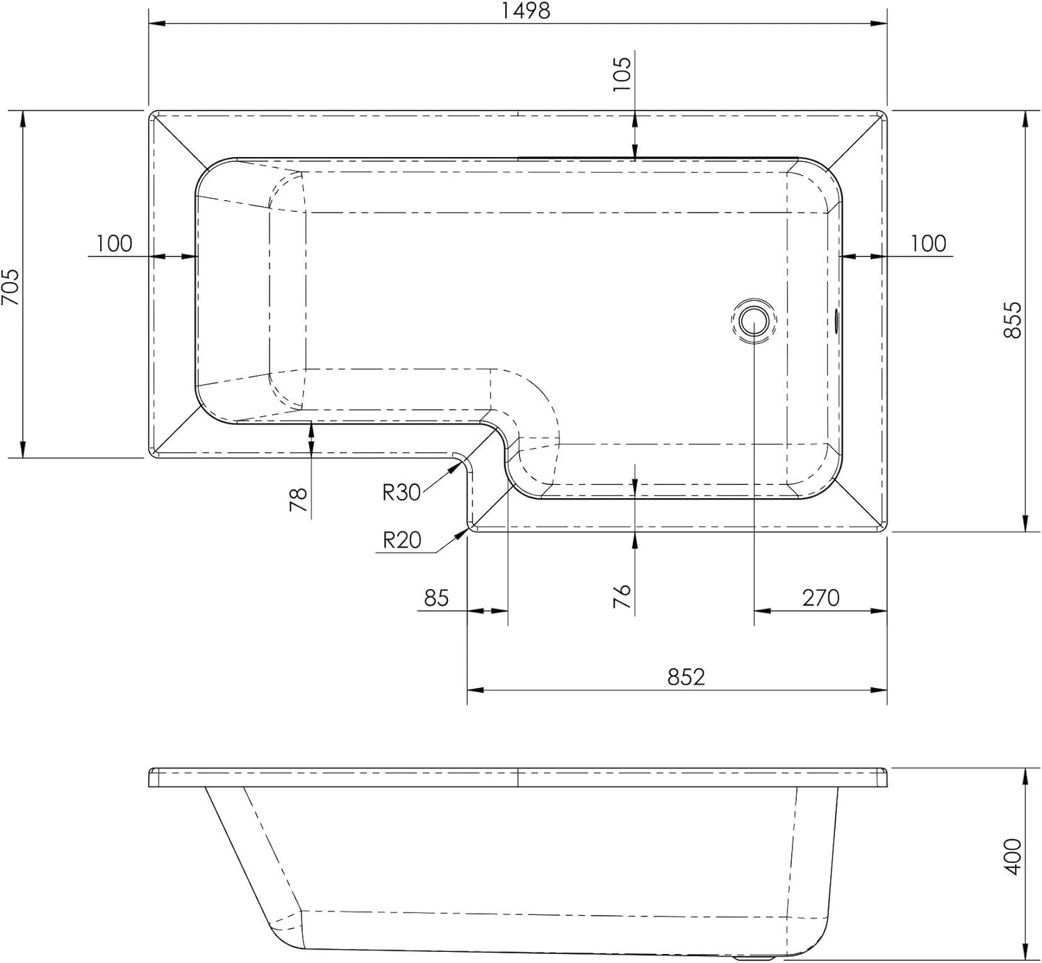 Modern 1500mm L Shaped Right Hand Shower Bath Only Bathtub Acrylic Bathroom Tub.