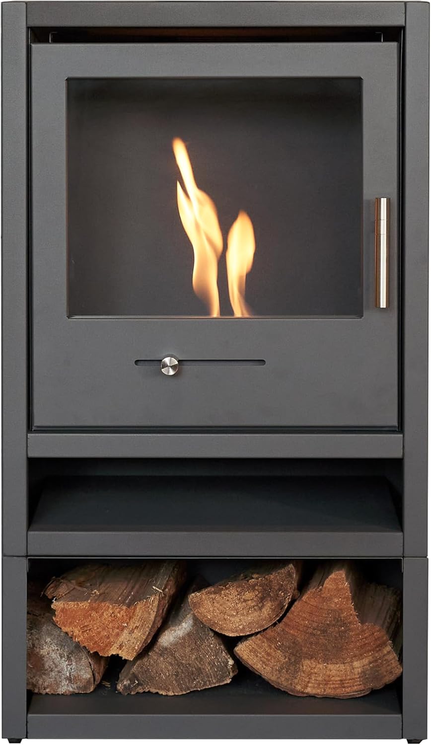 OKO S1 Bio Ethanol Stove with Log Storage in Charcoal Grey.