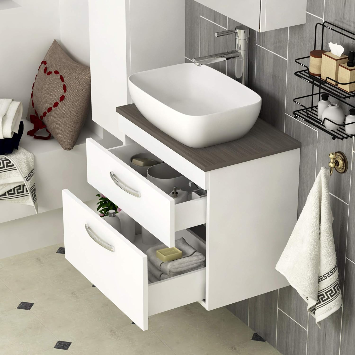 500mm Bathroom Furniture 2 Drawer Wall Hung Worktop Vanity Unit + 455mm Soft Square Countertop Basin - Gloss White.