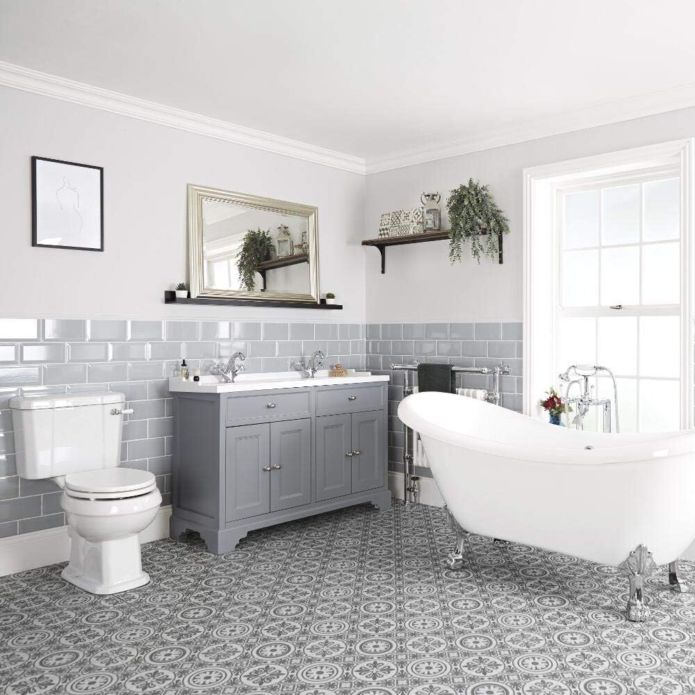 Milano Thornton - Traditional Light Grey Bathroom Suite with Freestanding Double Ended Slipper Bath and Large White Claw Feet, 1210mm Vanity Unit and Close Coupled Toilet WC.