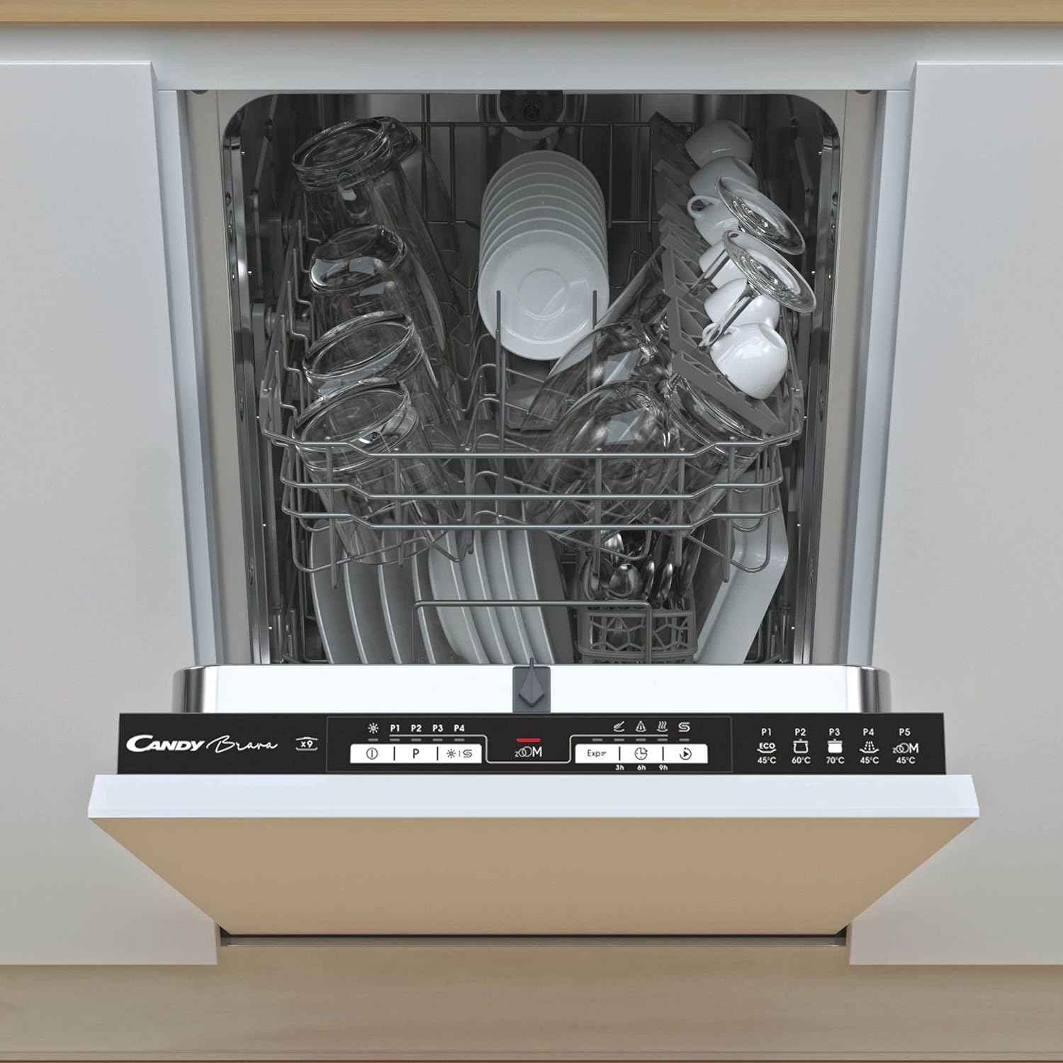 Candy Brava CMIH1L949 Fully Integrated Slimline Dishwasher - Black Control Panel with Fixed Door Fixing Kit - F Rated.