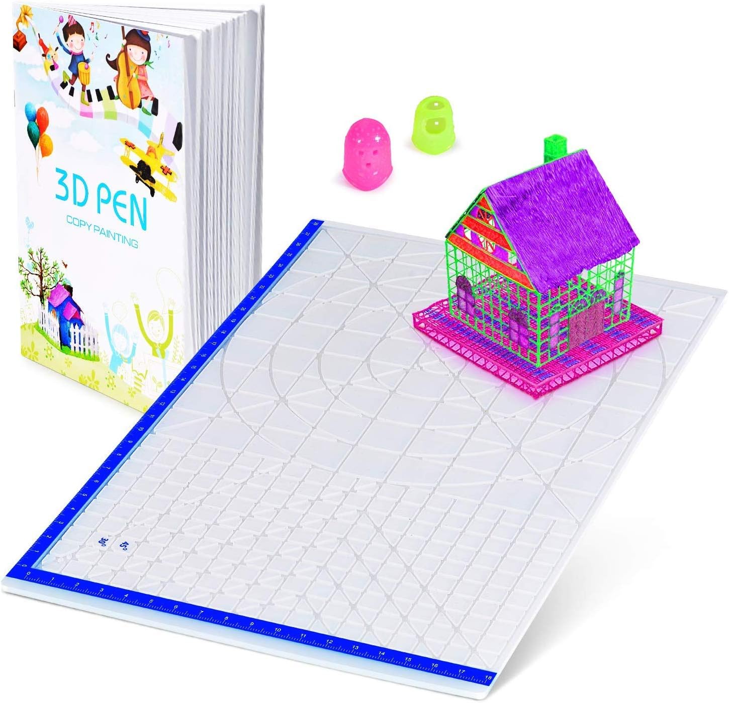 3D Printing Pen Mat with Basic Template, with 3D Pen Books and 2 Silicone Finger Caps, Great 3D Pen Drawing Tools.