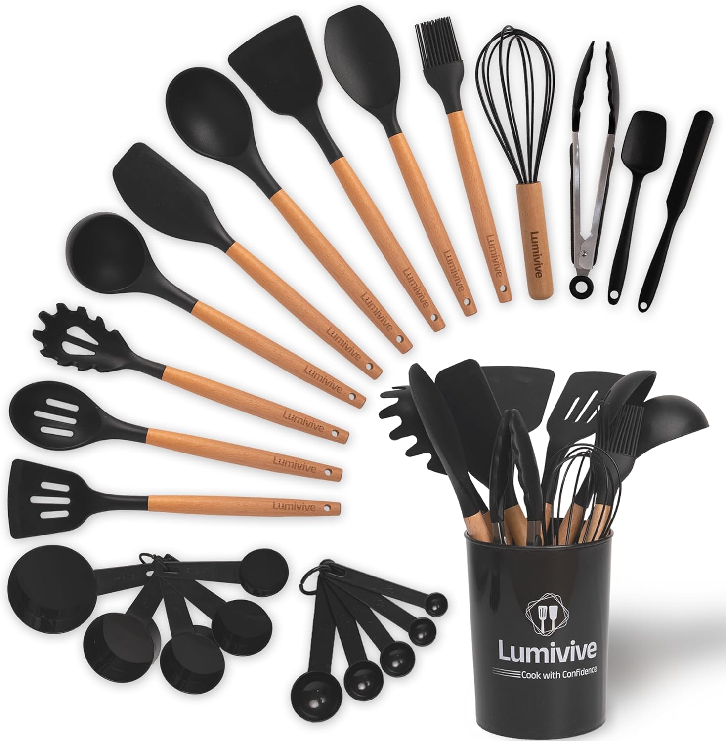 Lumivive Kitchen Utensils Set– Food-Grade Silicone -Elevate Culinary Experience w 24-Piece Premium Cooking Utensils Set-Hanging Loops for Storage Silicone Kitchen Utensils Set(Avoid Abrasive for Wash).