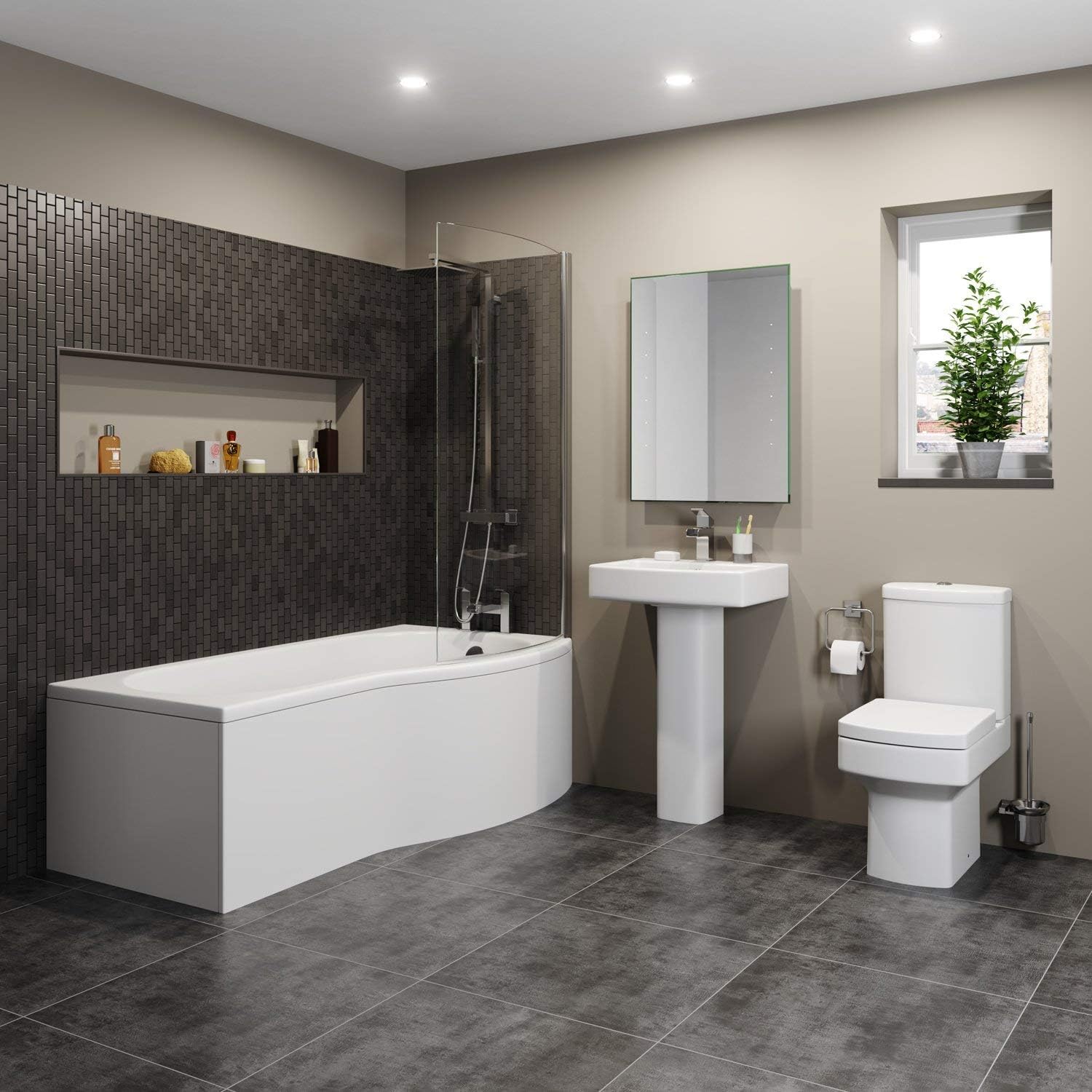 Affine Bathroom Suite P Shaped Bath RH Screen Toilet WC Basin Sink Full Pedestal Square.