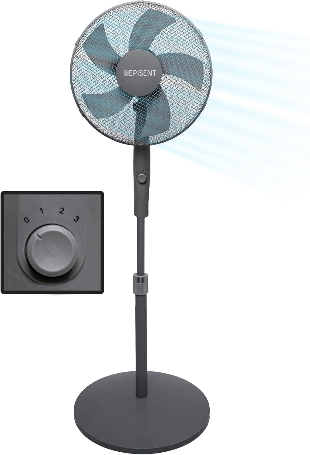 EPISENT 16'' Pedestal Matt Fan | Adjustable Height 140cm | Oscillating & Manual Head Pivot | Rotary Knob Speed Control | Standing Fan for Home & Office (GREY).