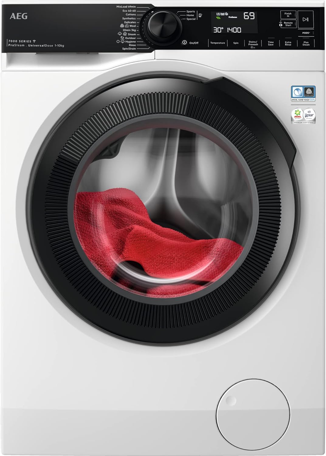 AEG 7000 Series Washing Machine LFR73944B, ProSteam Freestanding Washing Machine using 96% less water, 9kg Load, 1400rpm Spin, Energy Class A, White.