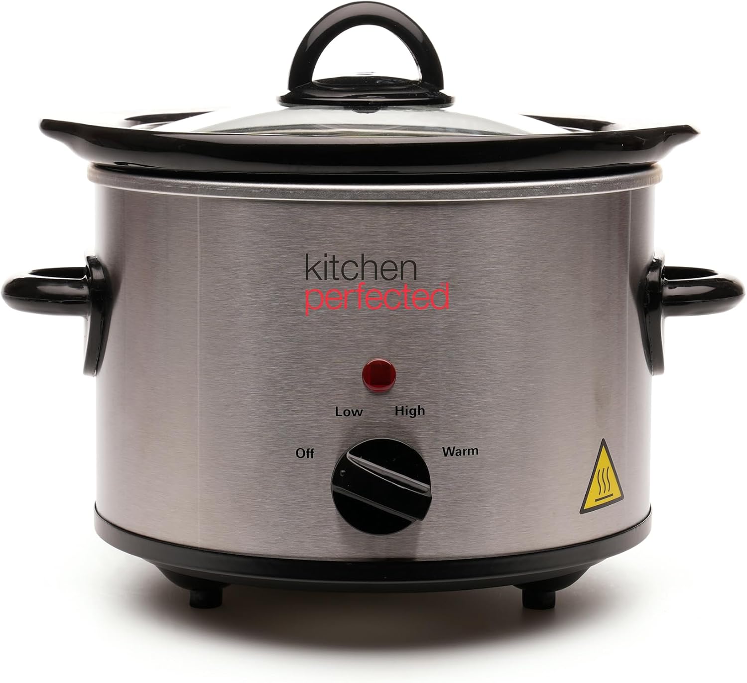 KitchenPerfected 1.5Ltr Round Slow Cooker - 3 Heat Settings - Removable Crock Pot - Power & Temp Indicator Light - Toughened Glass Lid - Cool Touch Handles - - Brushed Steel - E3016SS.