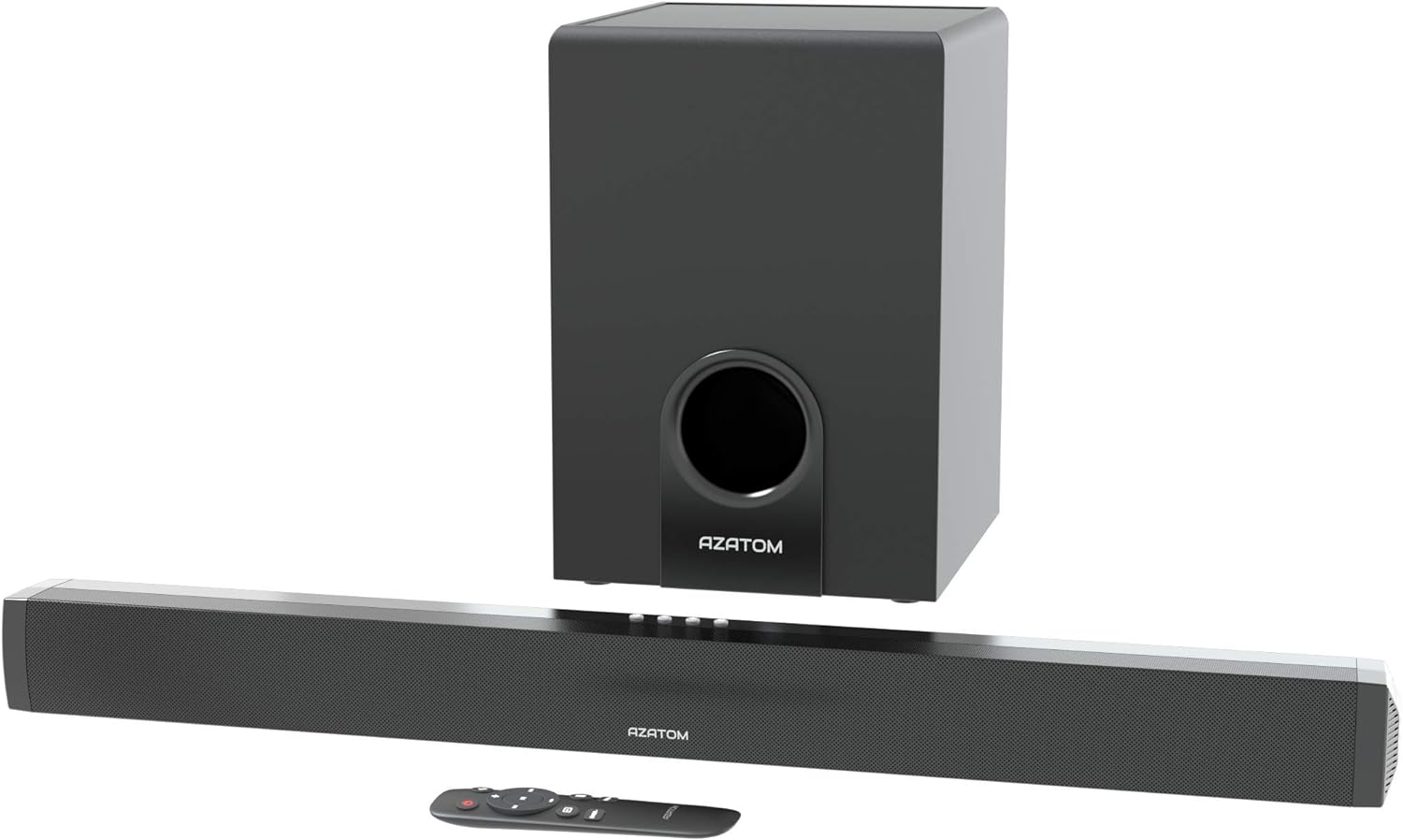 AZATOM Studio Cinemax 2.1 Soundbar and Subwoofer, 120W, 3D Surround Sound, Stream Wireless Bluetooth, Remote Control, Wall Mountable, Optical compatible (28 inch).