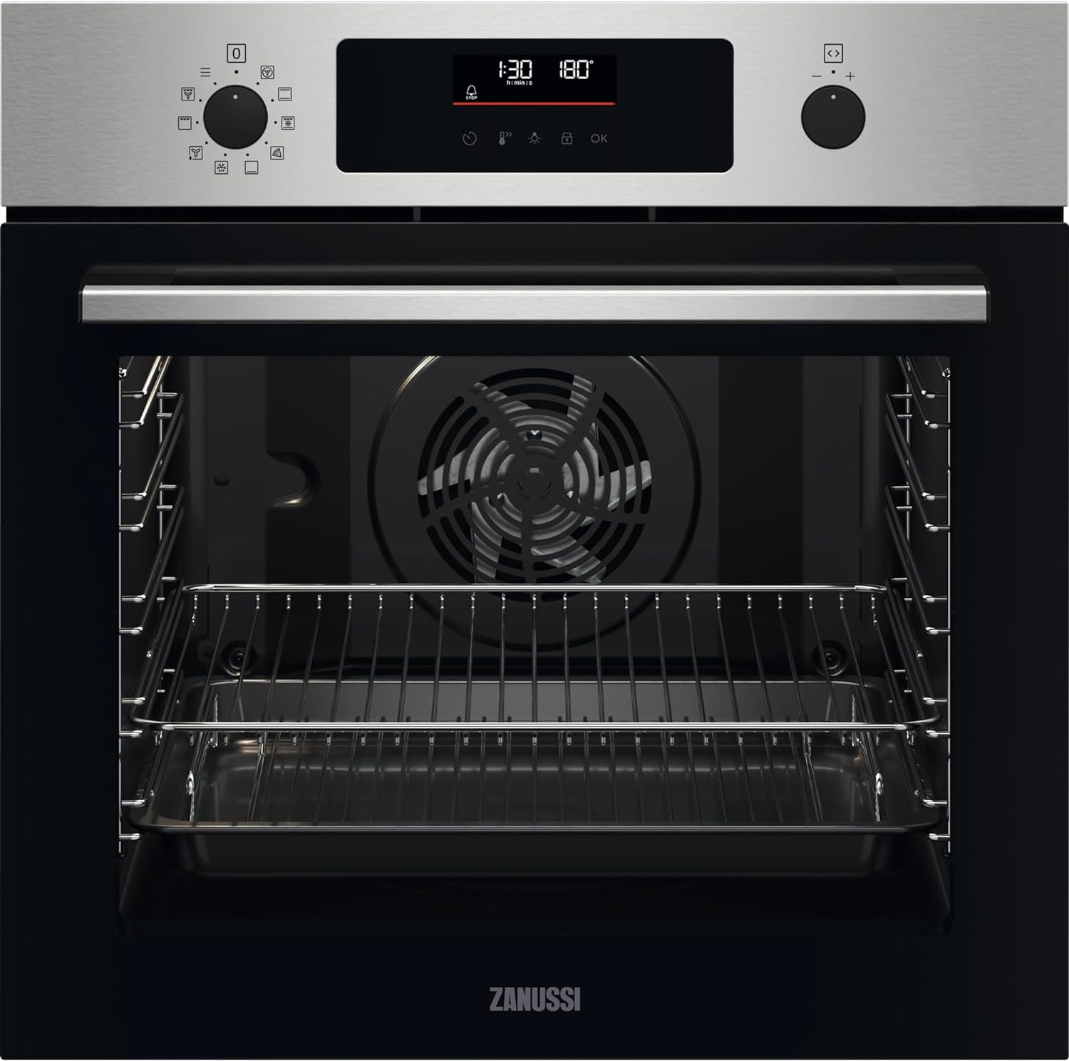 Zanussi Series 60 Built in Electric Single Oven ZOPNX6XN, 72 L Capacity, 600x560x550 mm, Multilevel cooking, SelfClean With Pyrolytic Technology, Stainless Steel.