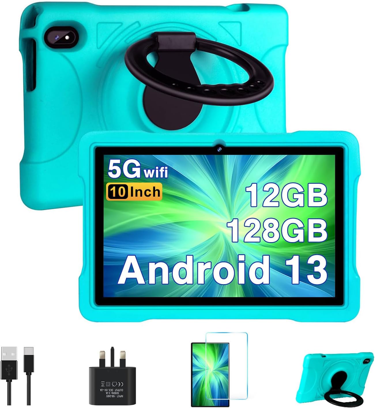 AOCWEI 2024 Newest Kids Tablet 10 Inch Android 13, 12GB RAM+128GB ROM, 6000mAh, Octa Core, 5GWiFi, Bluetooth 5.0, iWAWA APP Pre-Installed, Parental Control, Light Weight Shockproof Kids Case -Green.