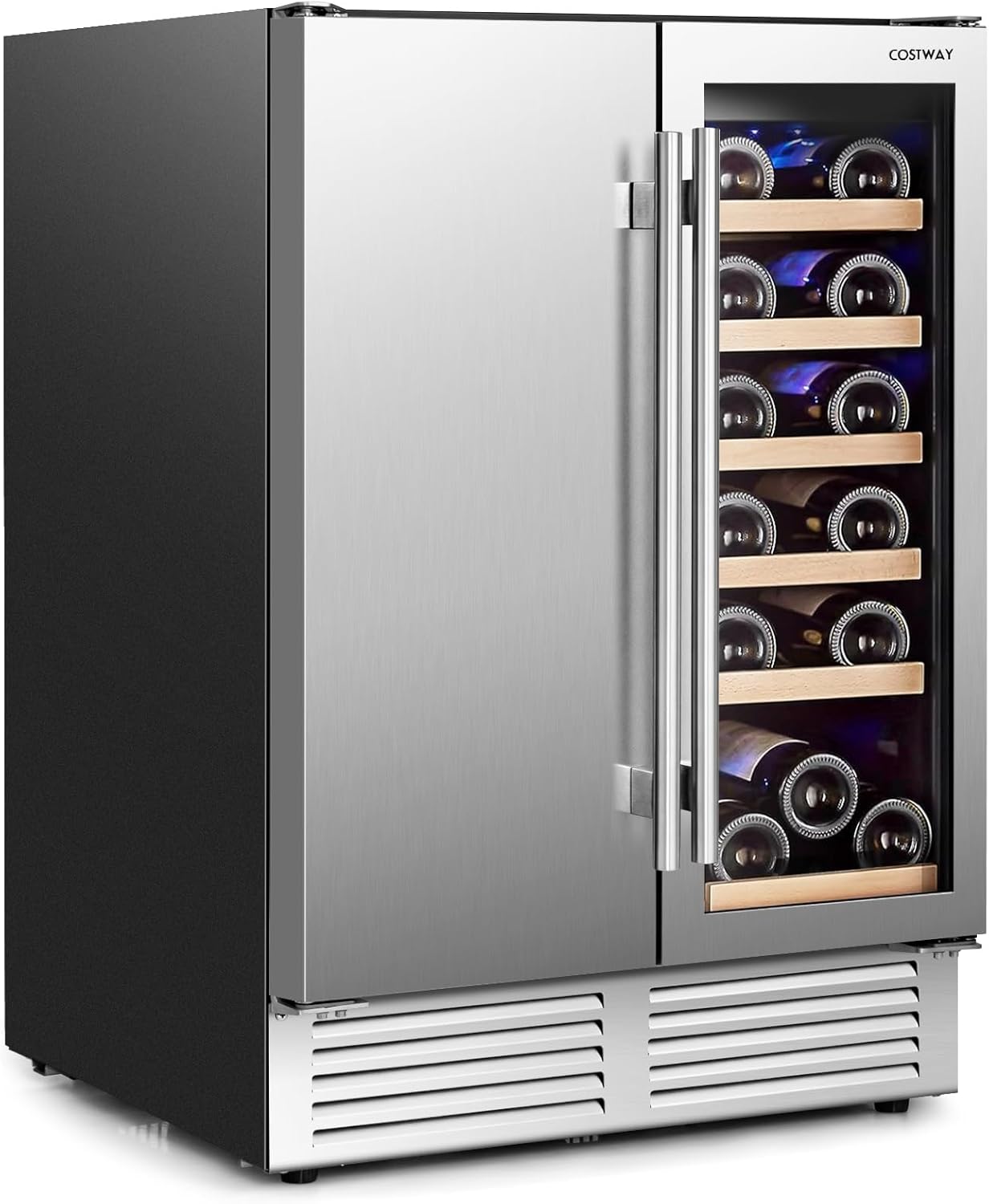 COSTWAY Dual Zone Wine Beverage Fridge, 18 Bottles & 57 Cans Double Door Bottle Cooler with Independent Temperature Control, 9 Removable Shelves& LED Lights, Auto Defrost Drinks Refrigerator.