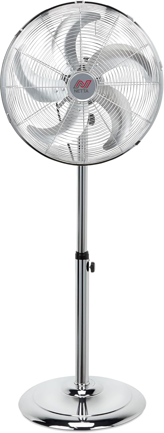 NETTA 16 Inch Metal Pedestal Floor Fan, Chrome Standing Fan With 5 Blades, Oscillating Function, 3 Speed Settings, Adjustable Height, Silent Operation, 50W.