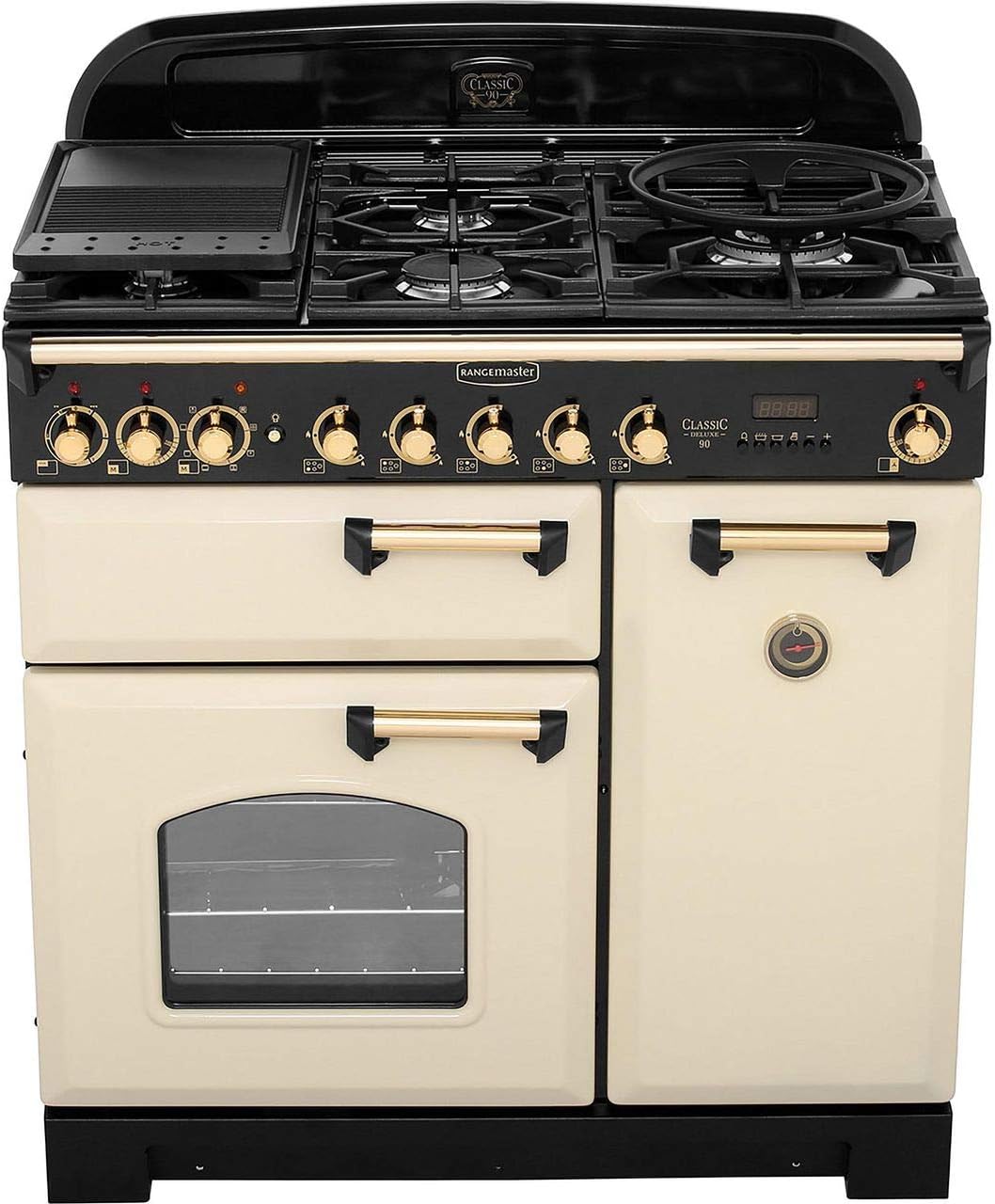 Rangemaster Classic Deluxe CDL90DFFCR/B 90cm Dual Fuel Range Cooker - Cream / Brass.