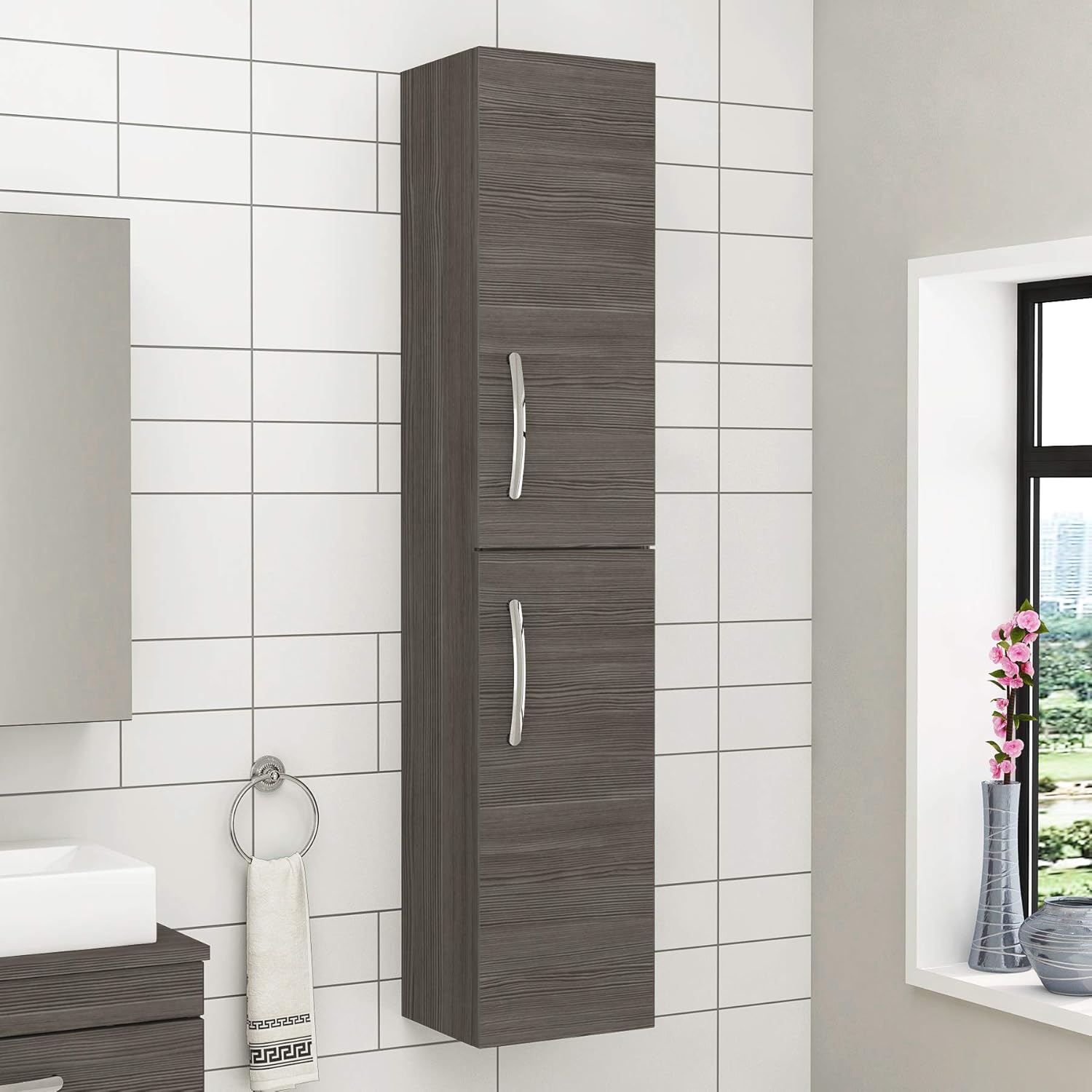 1450mm Wall Hung 2 Doors Tall Boy Storage Cabinet Unit Bathroom Furniture - Grey Elm Finish.