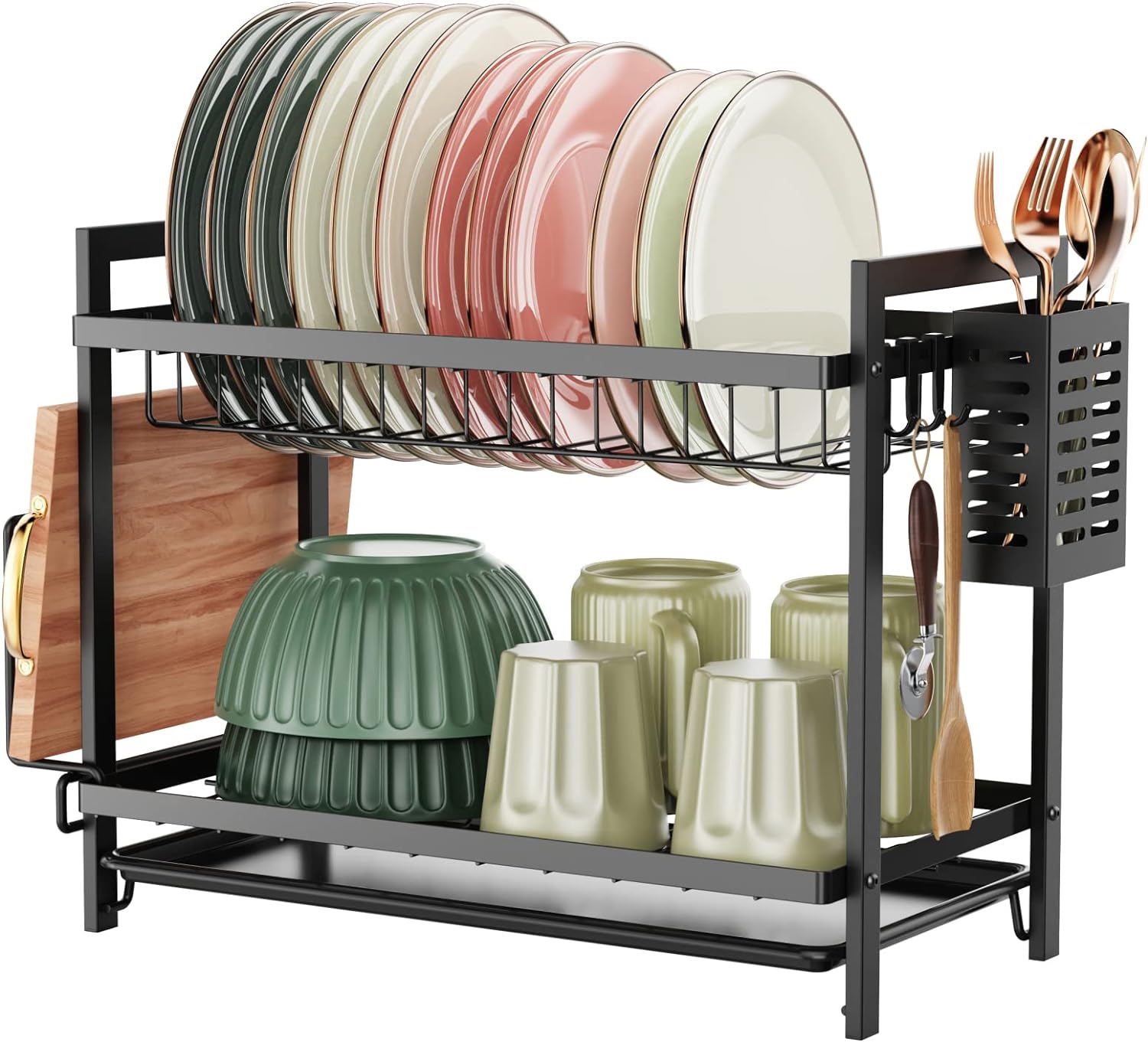 iSPECLE Dish Drainer Rack - 2 Tier Dish Drying Rack with Drip Tray, Rustproof Draining Board Rack with Utensil & Cutting Board Holder, Sink Drainer Rack for Kitchen Counter, Black.