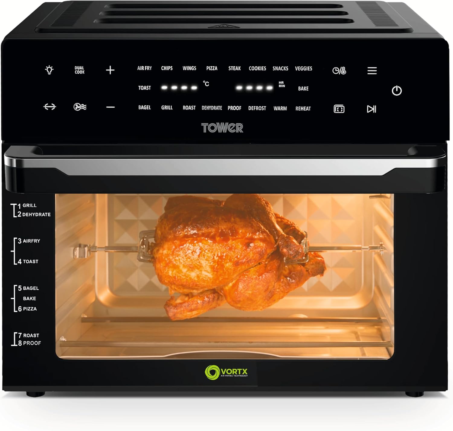 Tower T17122 Vortx Platinum Xpress Digital 30L Air Fryer Oven with Vizion Viewing Window, 18 Cooking Options, 2 Hour Timer, 1800W, Black.