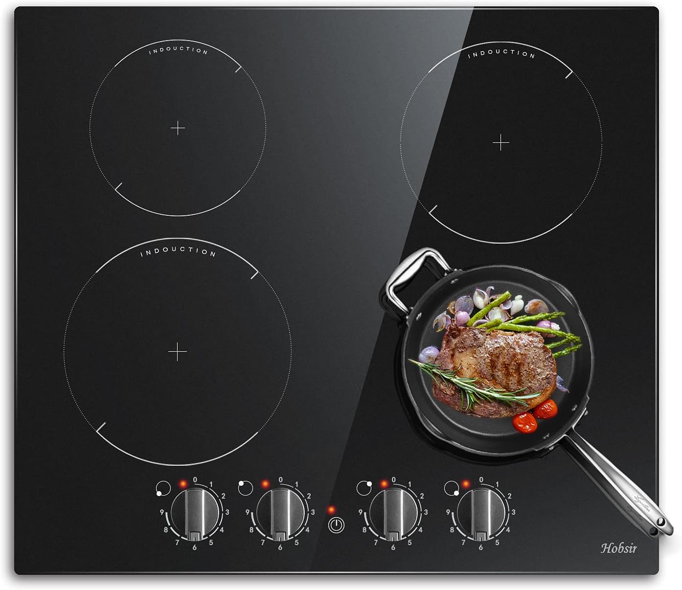 Hobsir hob Induction Hob 4 Zones Built-in Electric Hob 60cm Induction Cooker 6400w Touch control, Child-safety Lock, Stop&go Function, Hard Wire, No Plug Included