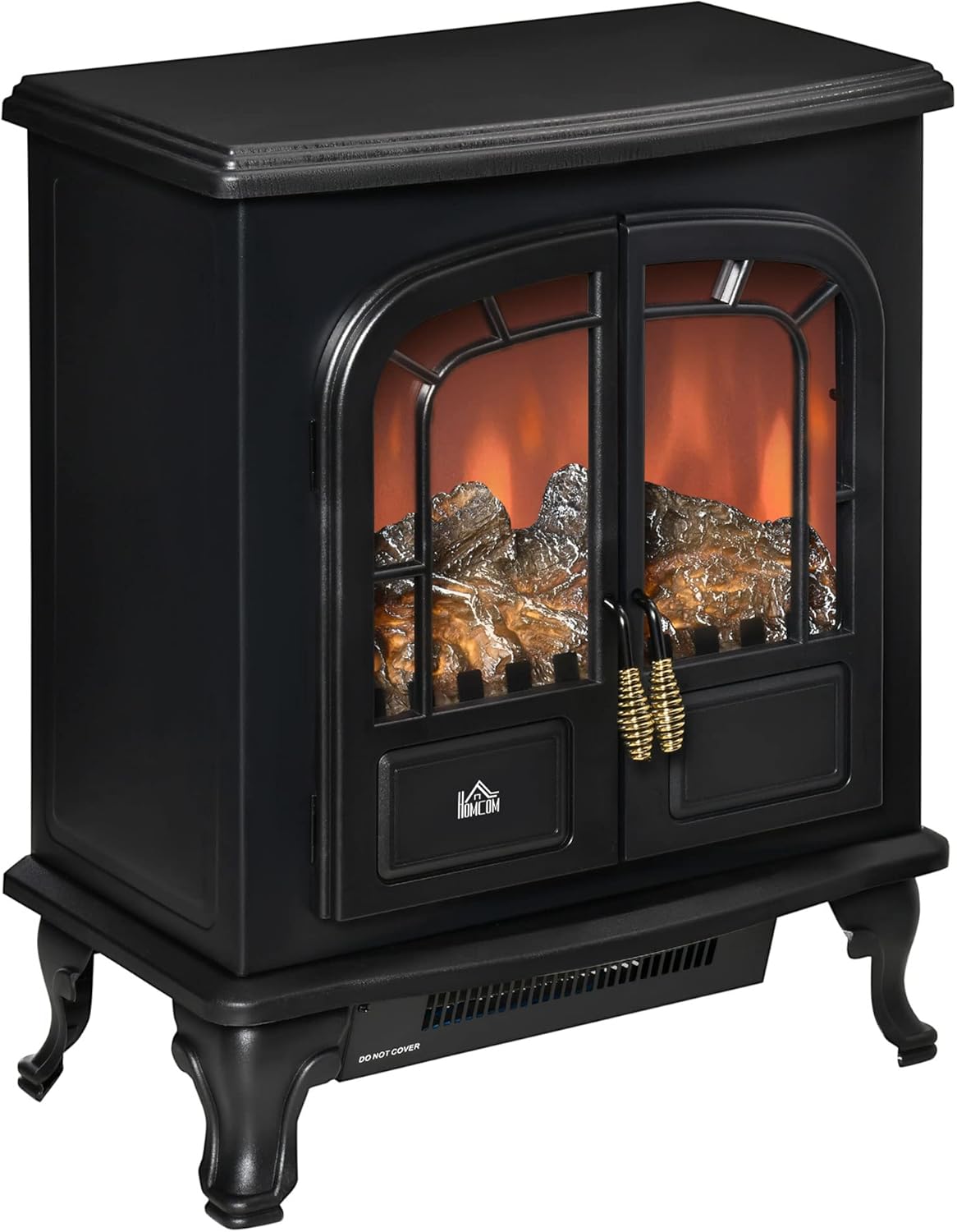 HOMCOM Electric Fireplace Stove Heater with LED Fire Flame Effect, Double Door, Freestanding & Portable with Overheat Protection, 1000W/2000W, Black.