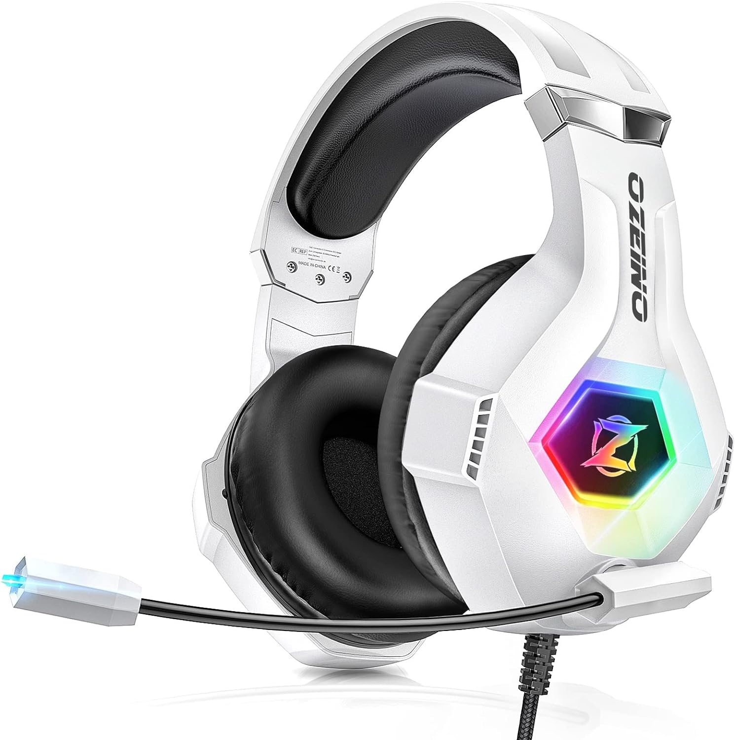 Gaming Headset for PS5 PS4 PC, Over-Ear Headphones with Surround Sound & RGB Light for Xbox Switch Mac Laptop white.