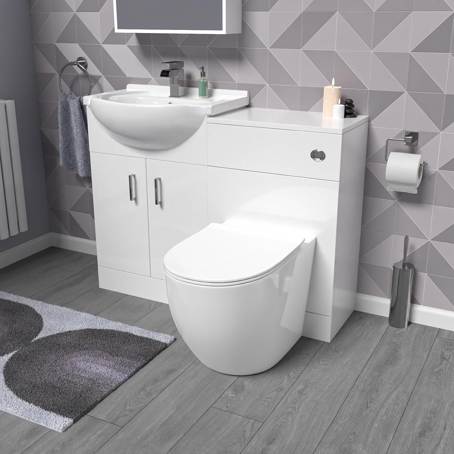 Nes Home White 1050mm Vanity Unit With WC Unit & Round Back To Wall Toilet.