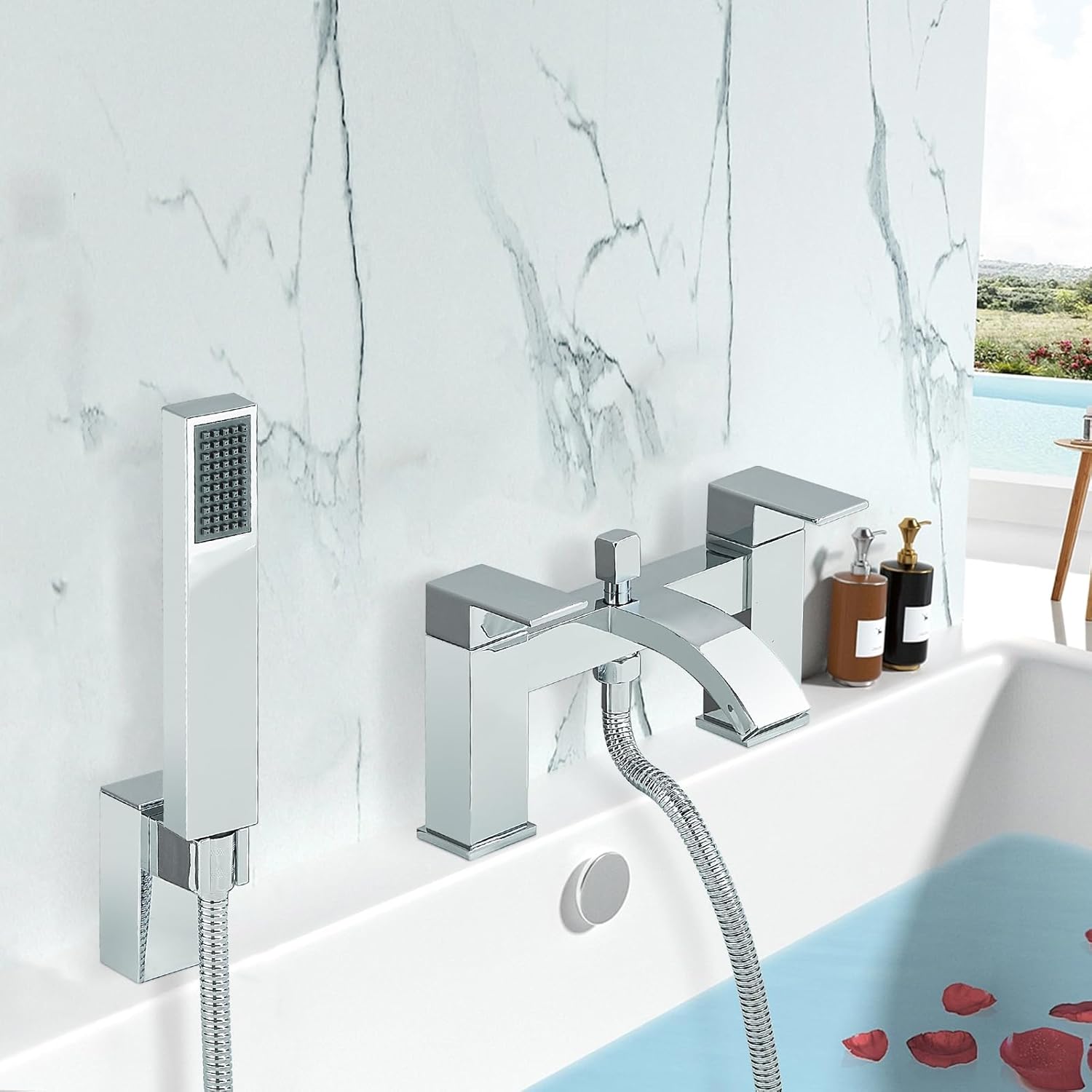 Bath Tap with Shower Waterfall Chrome Bath Mixer Taps Dual Lever Brass Waterfall Bathroom Sink Taps with Handheld Shower Head Faucet.