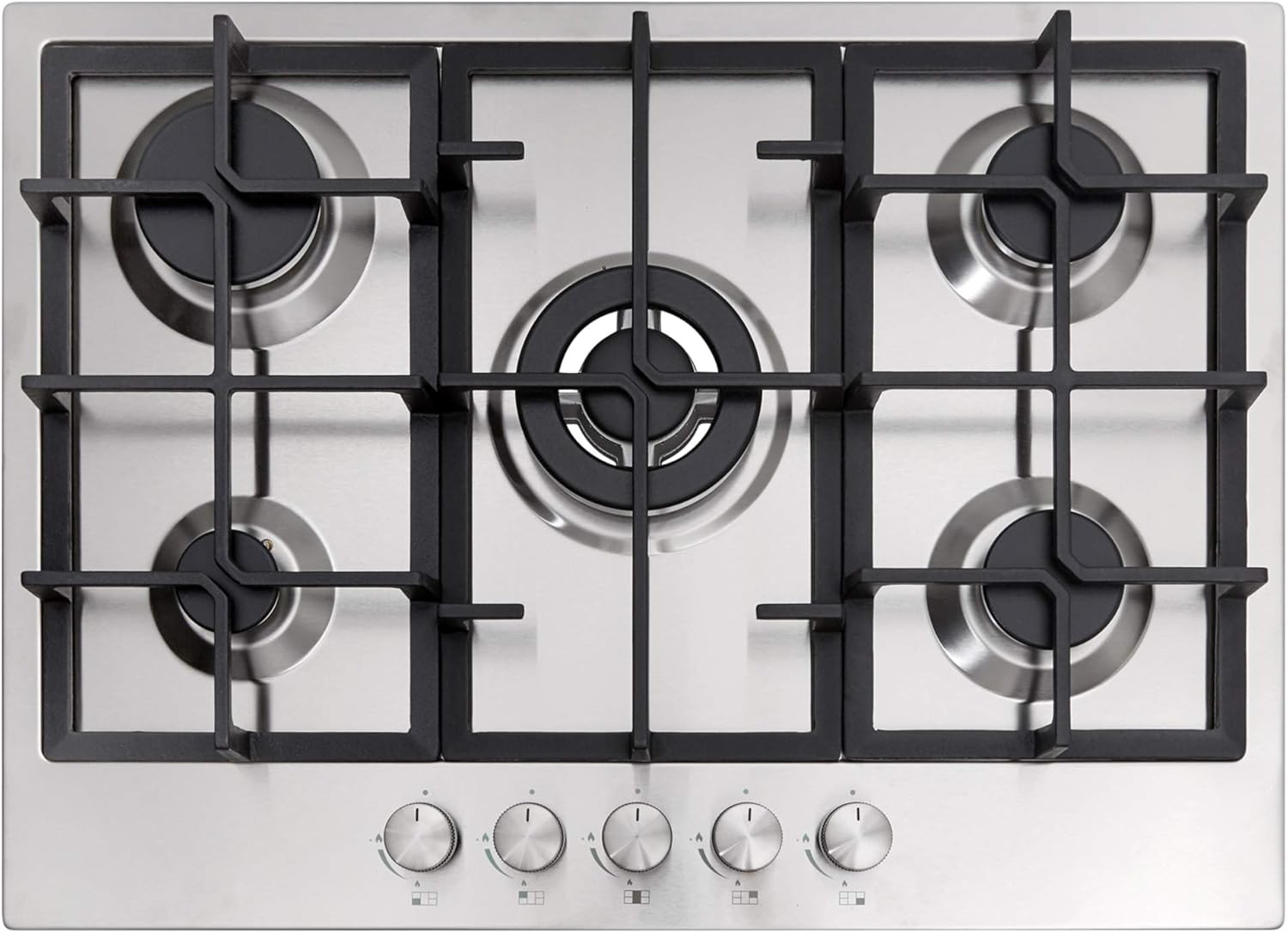 Cookology GH705SS Gas Hob Cooktop 70cm Built-in 5 Burners with Wok Burner and Cast Iron Pan Supports, Auto Ignition and Flame Failure Safety - In Stainless Steel.