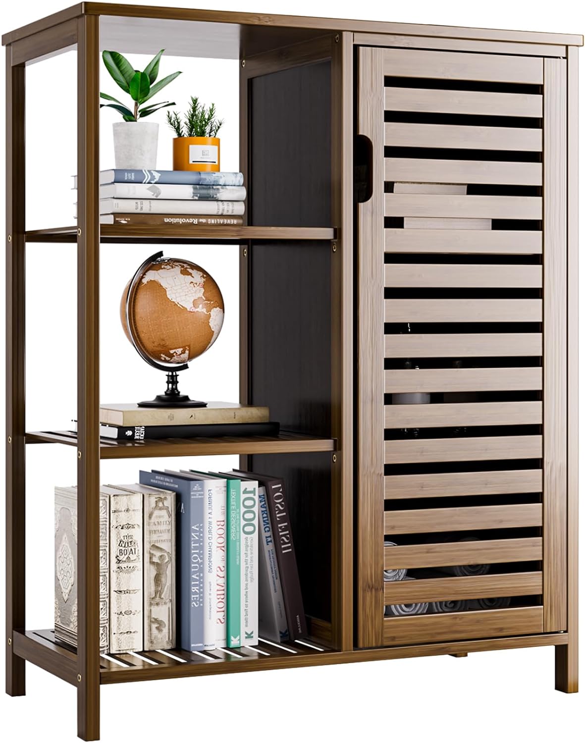 HITNET Bathroom Storage Cabinet Bamboo, Free Standing Floor Cabinet, Kitchen Cupboard Side Storage Organizer with Shutter Door and 3 Side Shelves, Walnut.