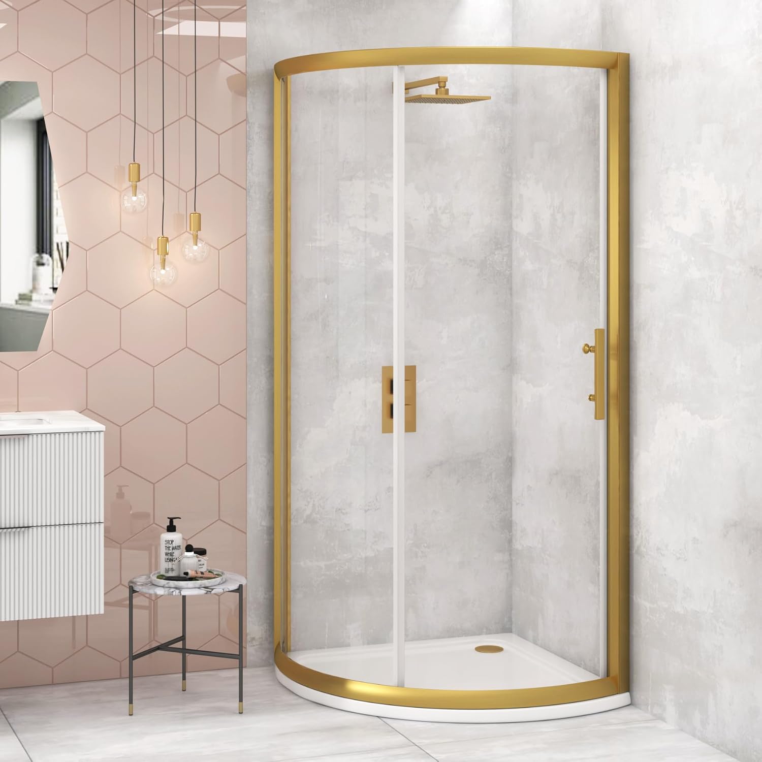 Lustre 760 x 760mm Brushed Brass Quadrant Shower Enclosure with Acrylic Tray - 6mm Single Door.