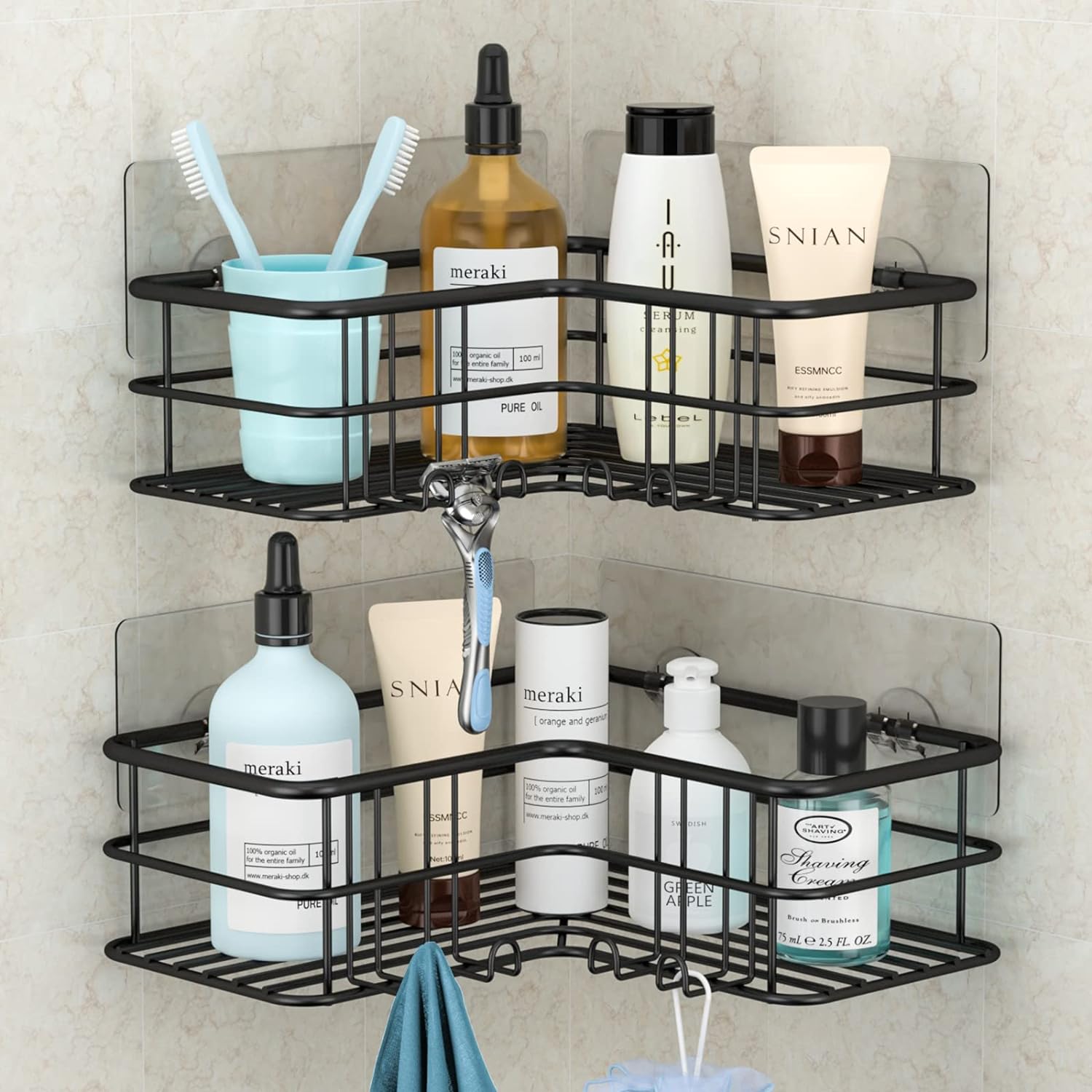 Menbyci Silver Corner Shower Caddy,Adhesive Shower Shelf with Hooks, Stainless Steel Rustproof Bathroom Storage Organizer Rack,No Drilling Shower Shampoo Holder Wall Mounted,2-Pack.