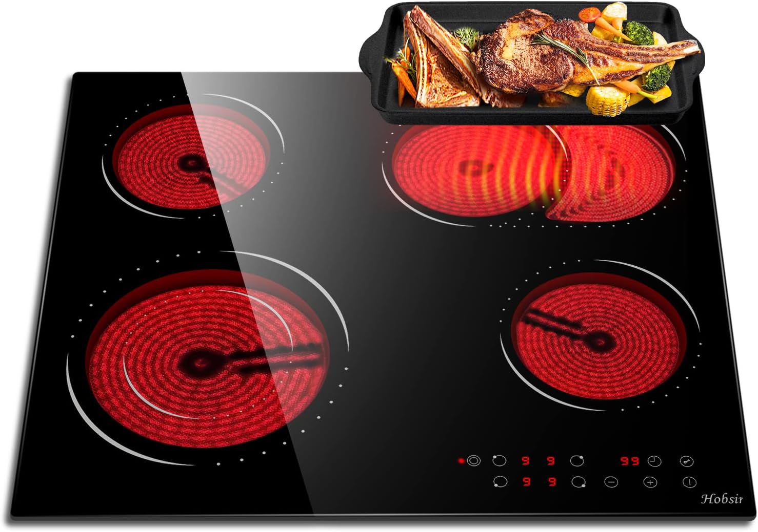 2 Zone Ceramic Hob, Hobsir Built-in Electric Hob 30cm, 3200W, Touch Control, Doul Zone, 9 Heating Levels, Safety Lock,Timer, Hard Wire, No Plug Included.