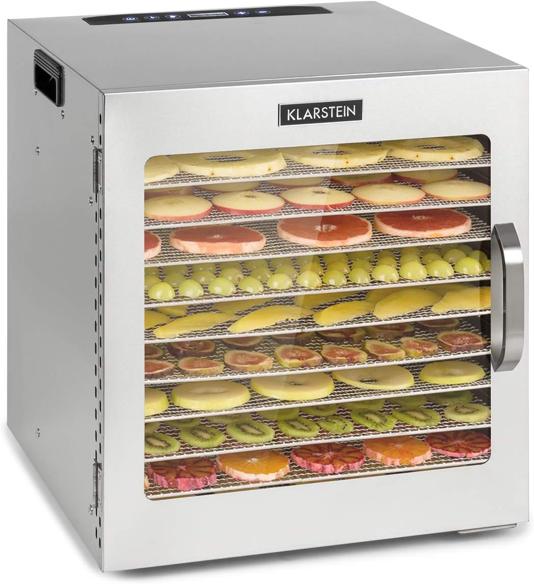 Klarstein Captain Jerky 110 Food Dehydrator - 1000 W, Temperature: 30-90 ° C, 24-Hour Timer, BPA-Free, Touch Control Panel, 10 Slots, Glass Door, Stainless Steel Dehydrator, Collecting Tray, Silver.