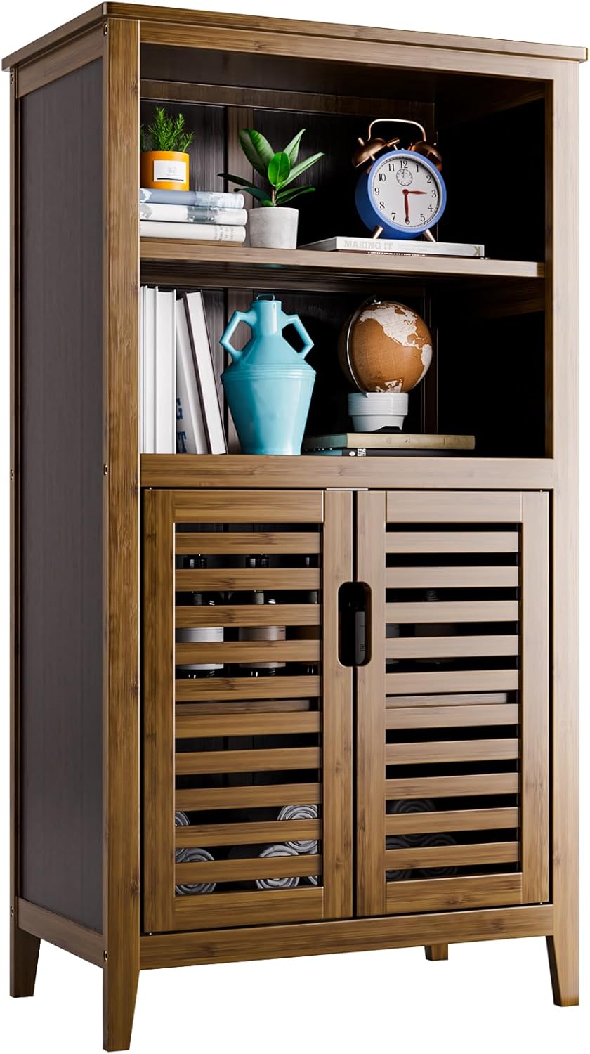 HITNET Bathroom Floor Cabinet, Freestanding Side Storage Organizer Unit with Double Shutter Doors and Movable Shelves, Bamboo Kitchen Cupboard, Natural.