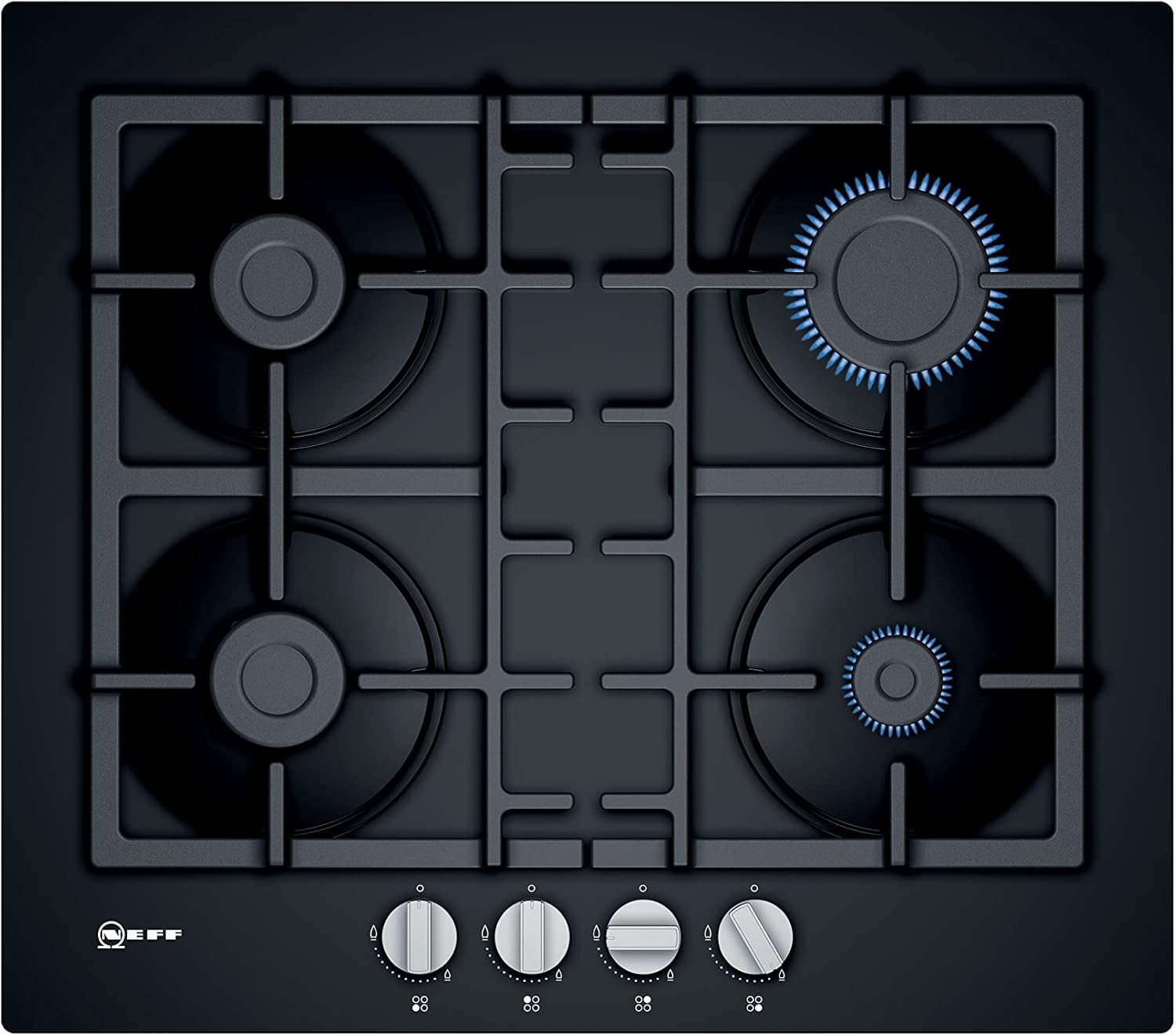 Neff N 50 T26CB49S0 Gas hob with Sword Dials and Cast Iron Pan Supports, 60 cm, Tempered glass, Black, Built in.